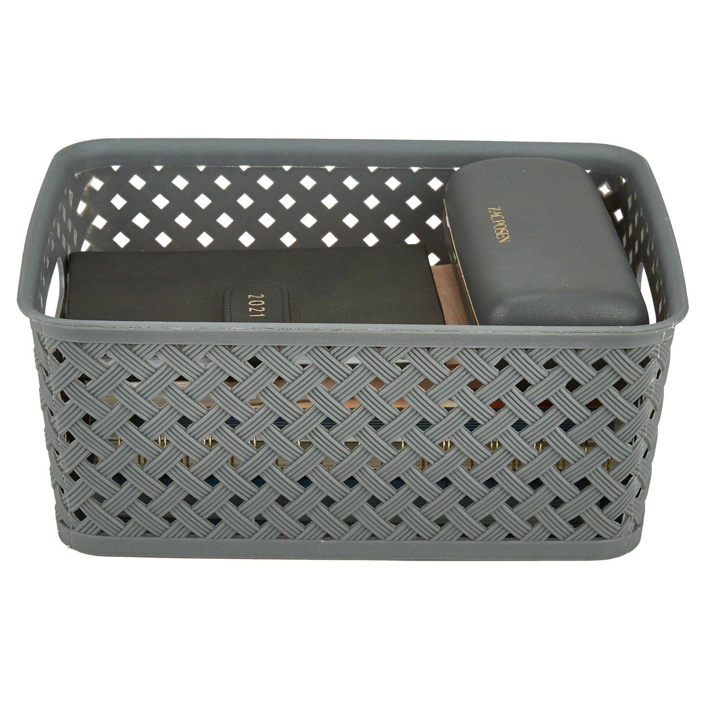 Simplify Small Resin Wicker Tote | Storage Bin | Plastic Organizer | Carrying Handles | Bathroom |