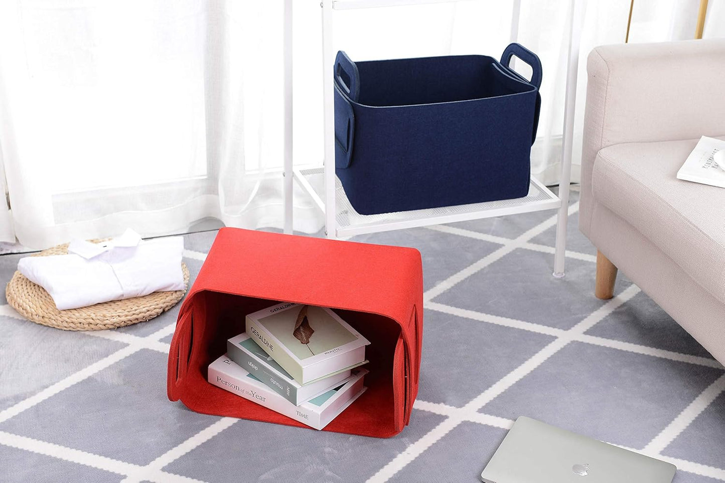 Minoisome Storage Basket Felt Storage Bin Collapsible& Convenient Box Organizer with Carry Handles for Office Bedroom Closet Babies Nursery Toys Laundry (Navy Blue, 15.7inch(L)×11inch(W)×10inch(H))