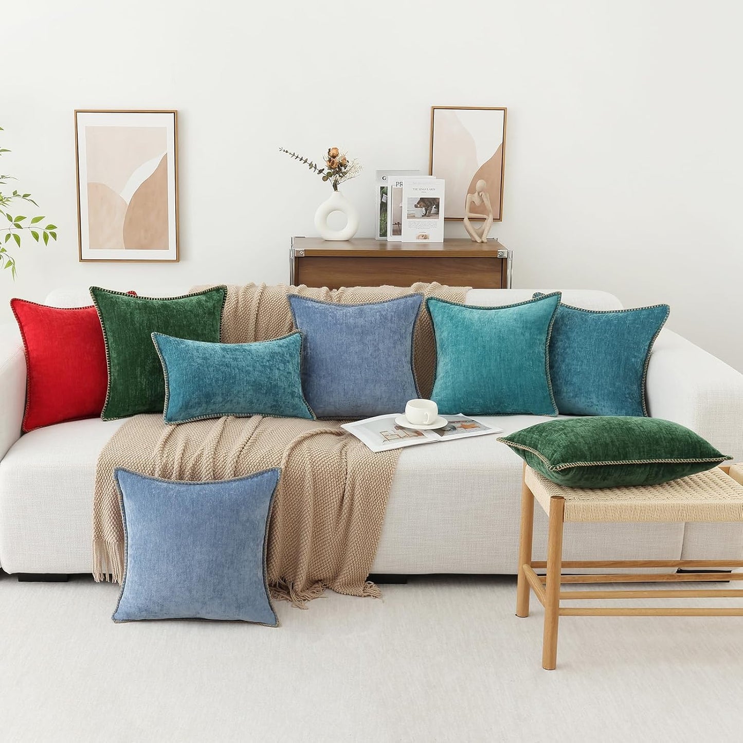 decorUhome Chenille Soft Throw Pillow Covers 20x20 Set of 2, Farmhouse Velvet Neutral Decorative Euro Pillow Covers with Stitched Edge for Couch Sofa Bed Home Decor, Teal