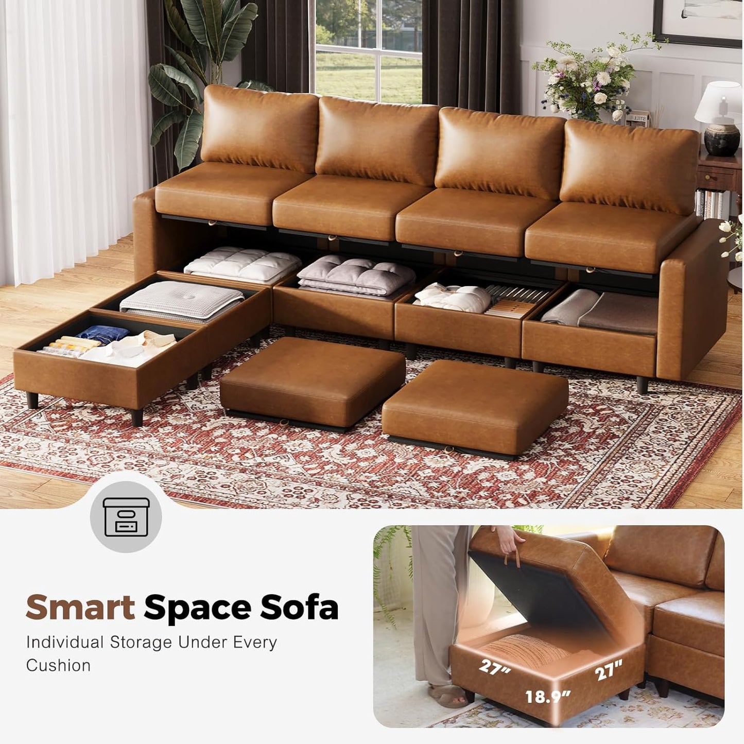 118.5" Faux Leather Modular Sectional Sofa, L Shaped Couch Set for Living Room, 5-Seater Comfy Cloud Couches with Movable Storage Ottoman,DIY Combination - Brown