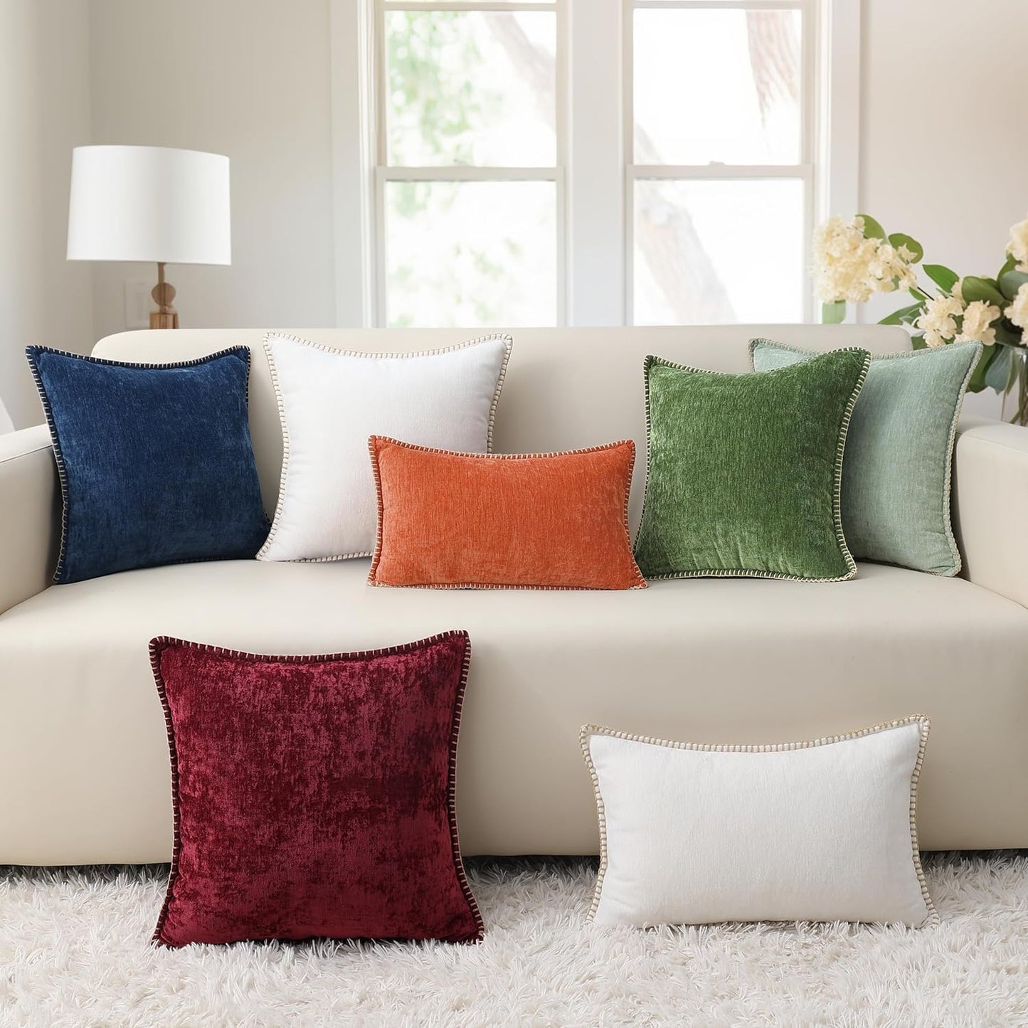 decorUhome Fall Chenille Soft Throw Pillow Covers 22x22 Set of 2, Farmhouse Velvet Neutral Decorative Euro Pillow Covers with Stitched Edge for Couch Sofa Bed Home Decor, Forest Elf