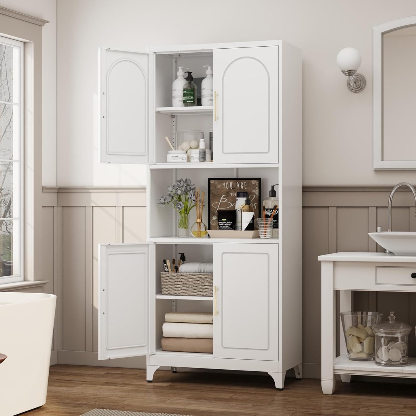 75" Tall Kitchen Pantry Storage Cabinet, Metal Storage Cabinets with 4 Doors and Adjustable Shelves,White Kitchen Hutch Cabinet with Microwave Stand, Large Cupboard for Dining Living Room