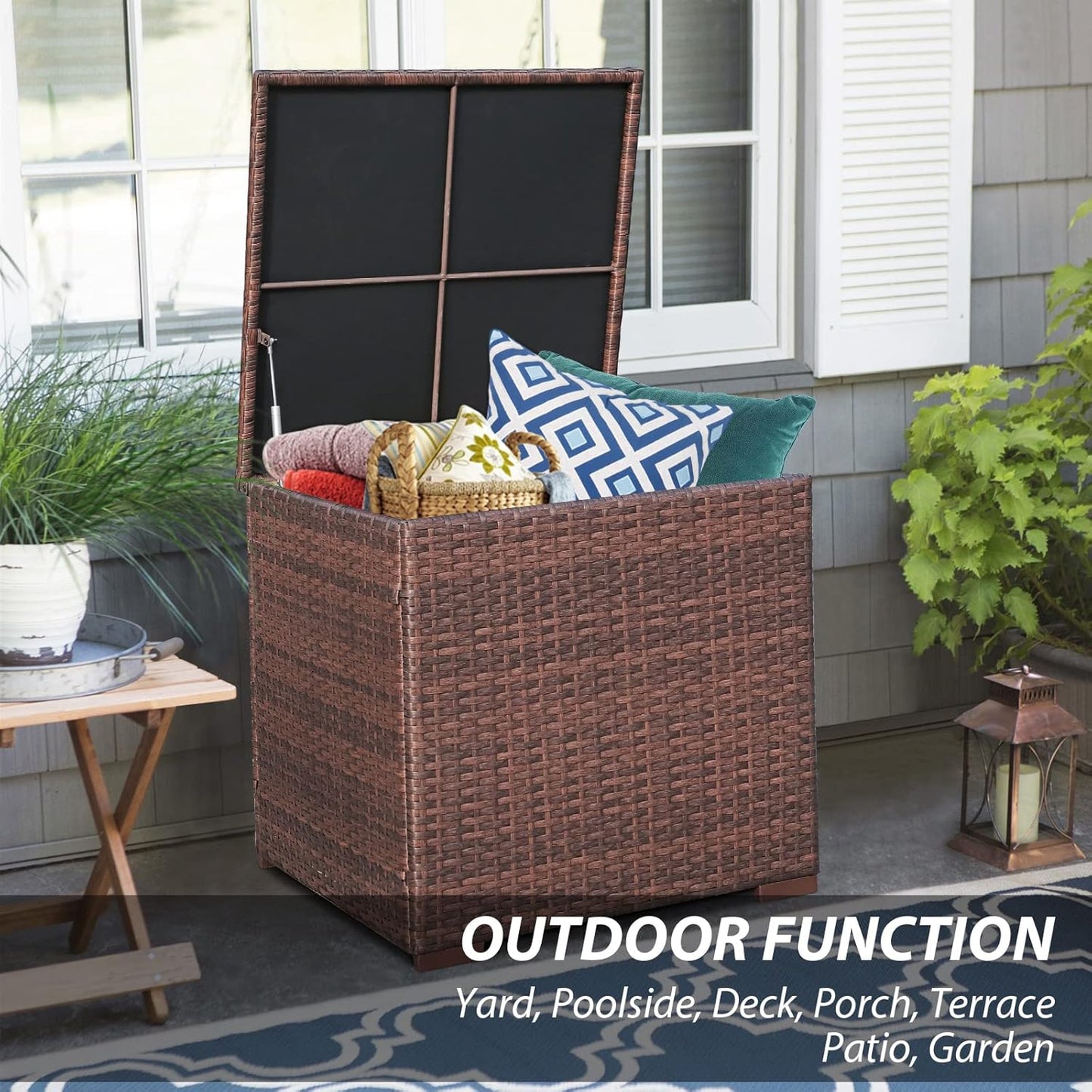 Super Patio Wicker Outdoor Patio Storage Box Waterproof, Rattan Storage Bin Deck Box for Cushions, Garden Tools, 88 Gallon, Brown