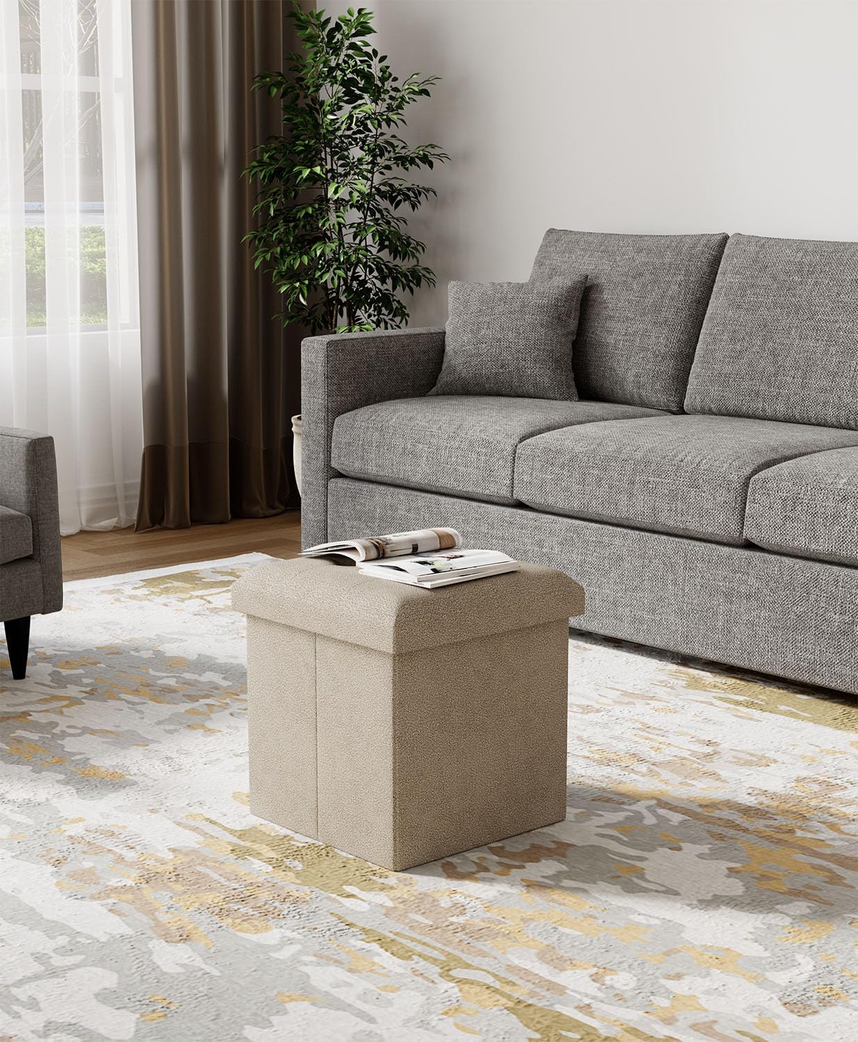 15 Inches Small Folding Storage Ottoman Cube, Storage Footrest, Foot Rest Stool, for Living Room, Bedroom, Dorm, Hallway, Entryway, Sandy Beige