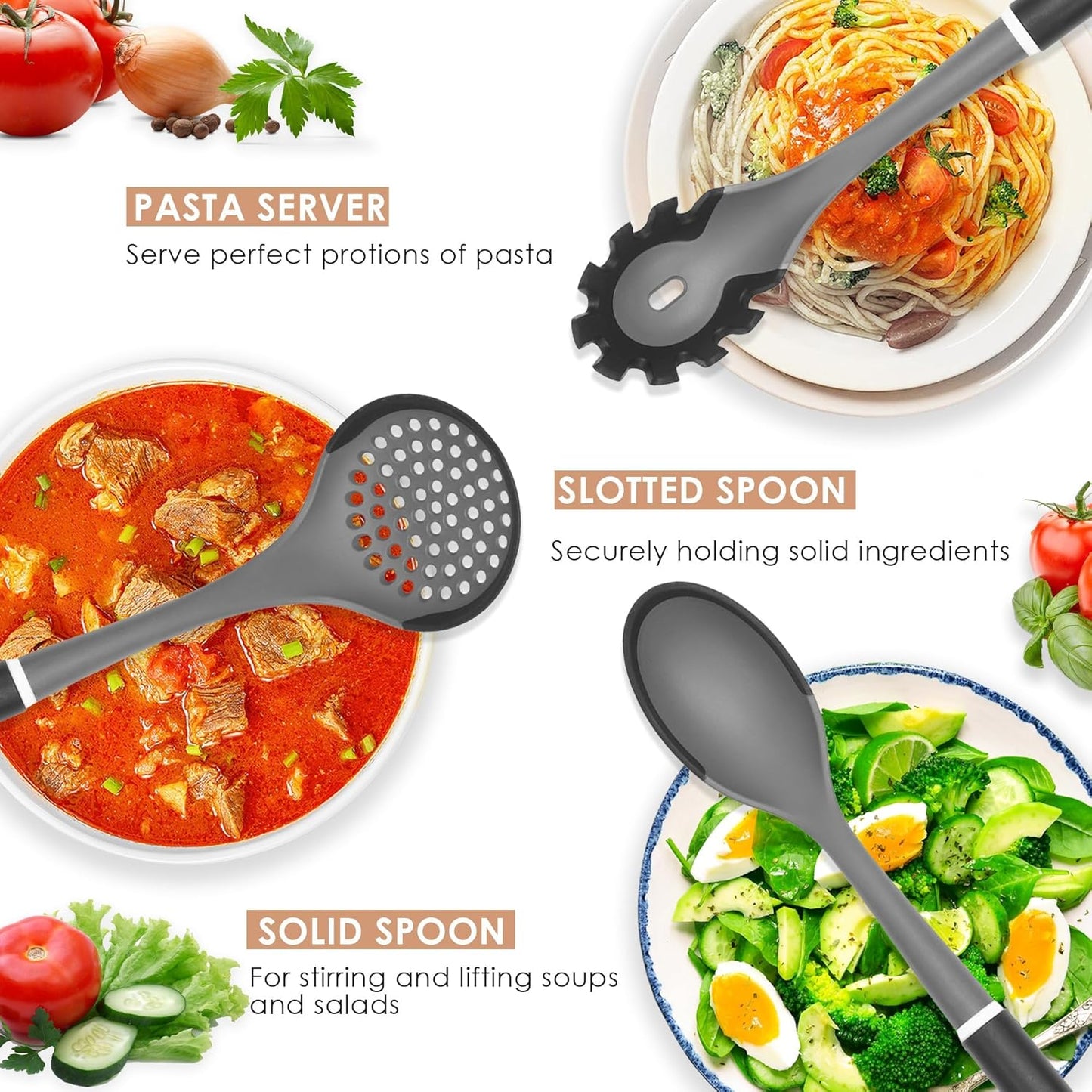 Kitchen Cooking Utensils Set, Non-Stick Spatula Set with Rotating Stand, 6 PCS Silicone Utensils Set for Cooking, 400°F Heat Resistant, Kitchen Gadgets with Nylon Handle & Stable Holder, Dark Grey