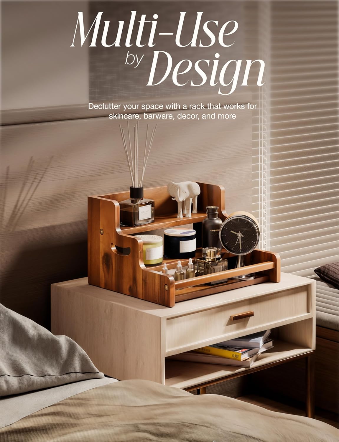 Tinamo Acacia Wood Liquor Bottle Display Shelf – 3-Tier Countertop Wine Rack, Bar Shelf – Whiskey Bar Stand for Home, Bottle Organizer for Countertop, Man Cave Decor – Wine Holder with Handles