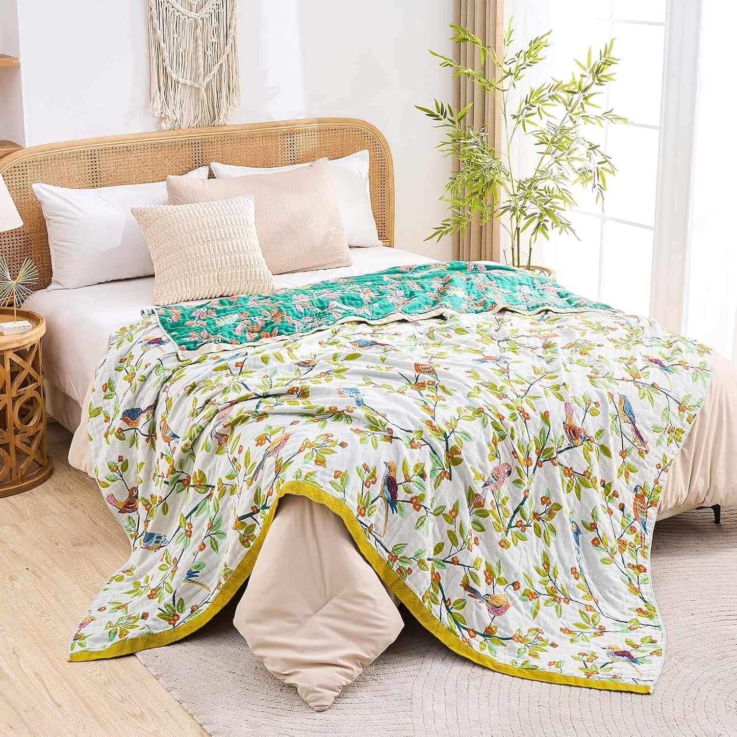 Boho Throw Blanket for Bed, 100% Cotton Soft Rustic Quilt Fall Blanket, 50"x60" Floral Printed Farmhouse Decor Bed Blankets, All Season Rustic Reversible Bohemian Throw Quilt