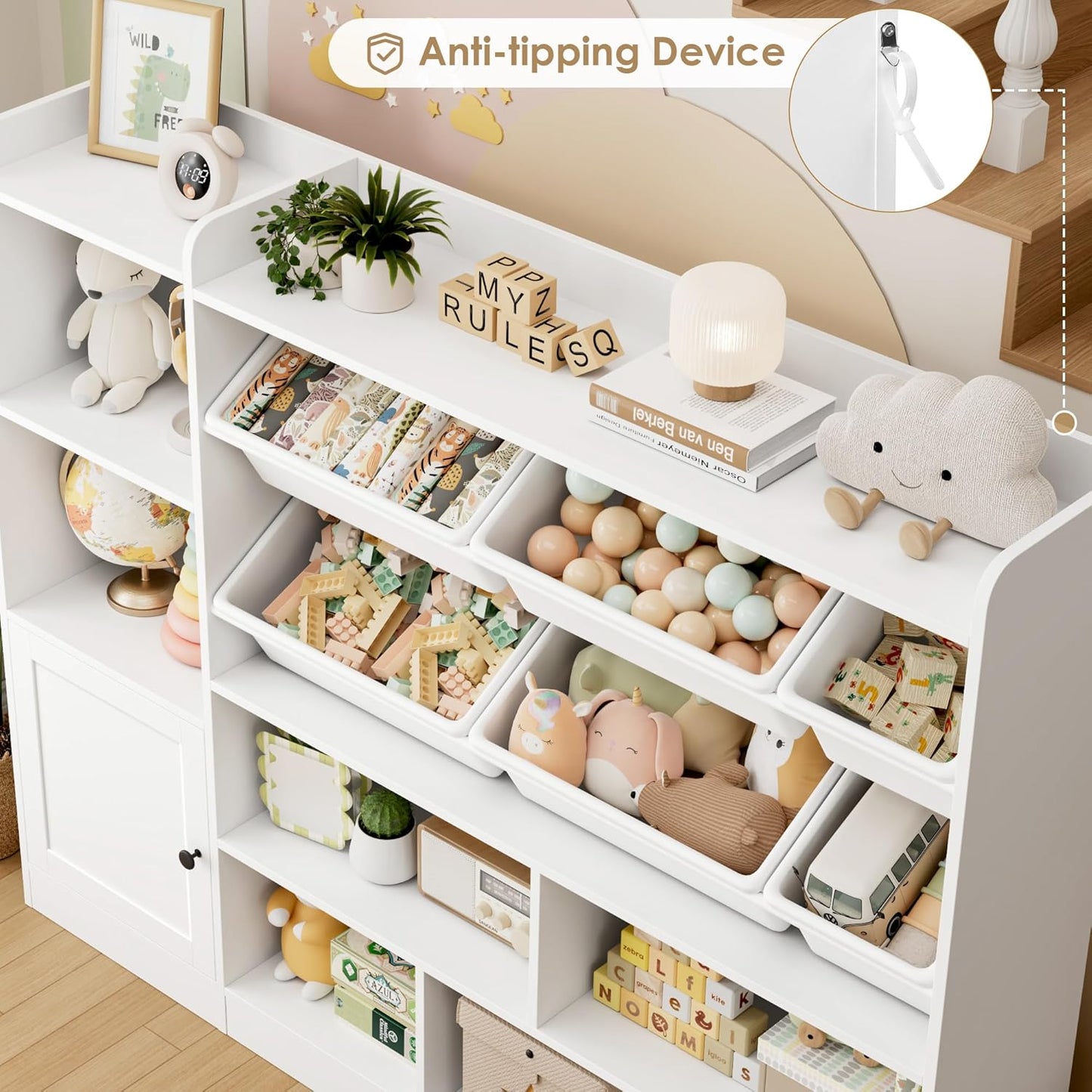 Toy Storage Organizer, 55” Wide Toy Organizers and Storage with 8 Storage Cubbies & 6 Toy Bins, Large Toy Box with Bookshelf, Playroom Storage for Playroom, White