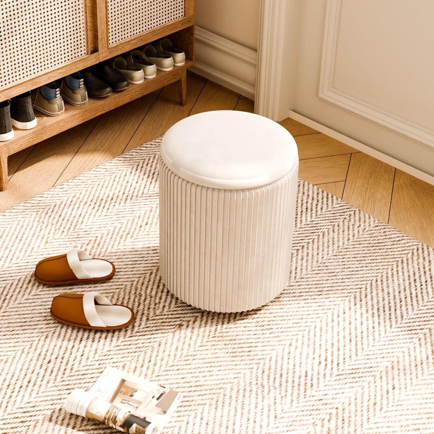 Ottoman with Storage Set of 2, Velvet Storage Ottoman, Upholstered Sponge Vanity Stool Support 300lbs, Multifunctional Coffee Table Foot Rest Ottomans for Living Room Bedroom, Beige