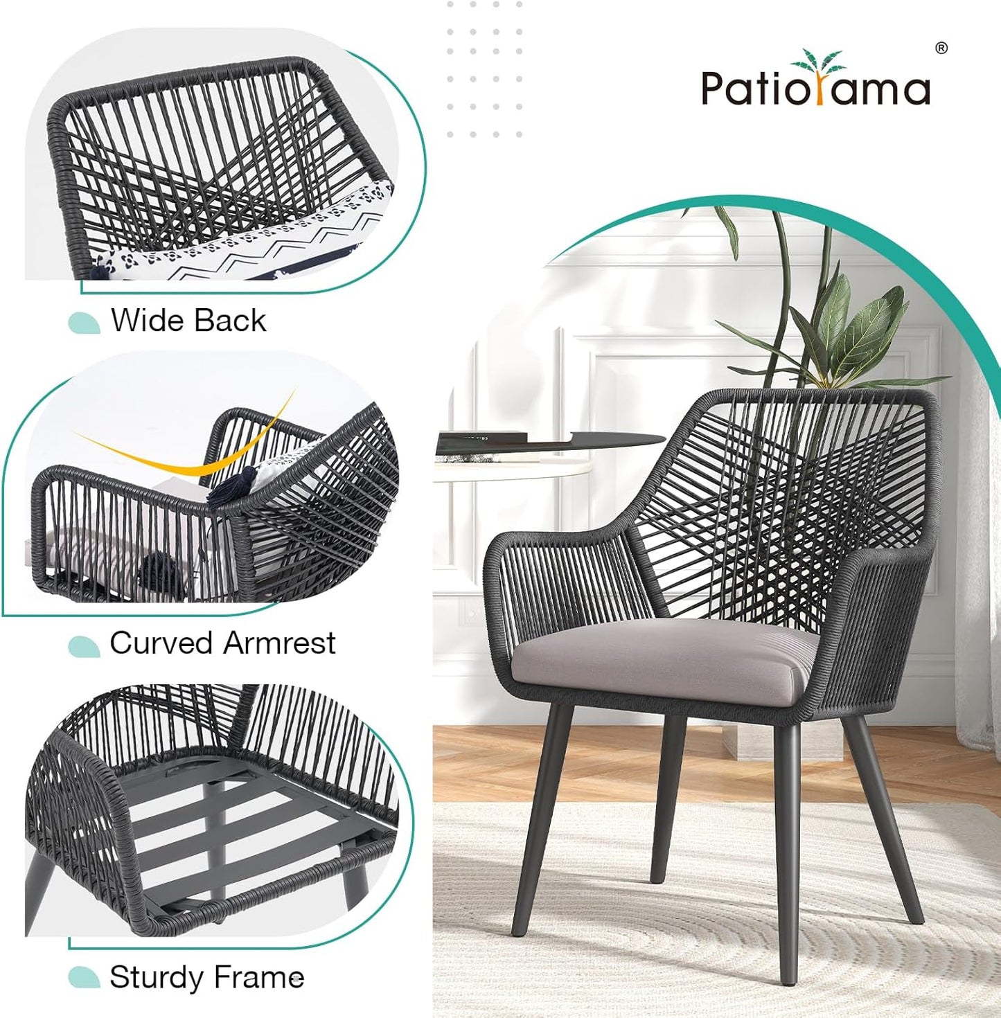 Patiorama Patio Dining Chair Set of 2, Woven Rope Outdoor Dining Chairs w/Steel Frame, All-Weather Twisted Rattan Chairs w/Armrest & Cushion, Outdoor Dining Wicker Chairs for Backyard Garden(Black)