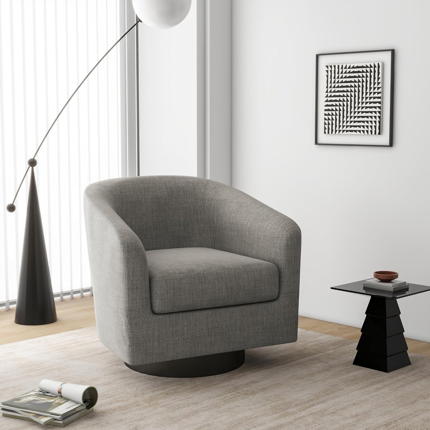 Swivel Barrel Accent Chair, Modern Round Linen Arm Chair for Living Room, Bedroom, Comfy Club Reading Chairs for Adults(Linen Fabric, Khaki, Set of 4
