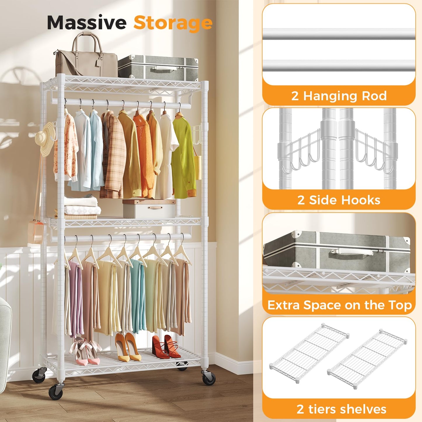 OLIXIS Clothes Rack Heavy Duty Adjustable Garment Clothing Rack with Wheels, Rolling Metal