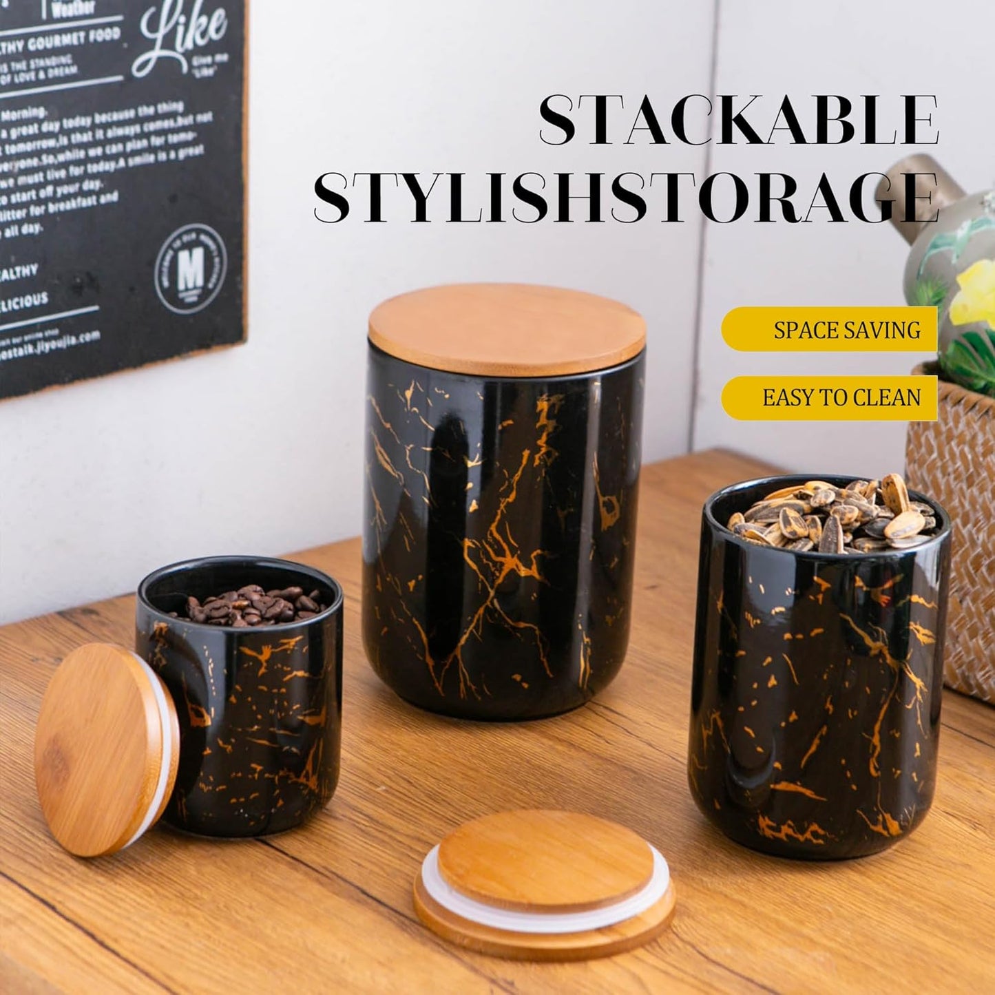 Black Ceramic Canister Set with Wooden Lid, 3-Piece Food Storage Jars for Kitchen Counter, Storage Container for Sugar, Coffee, Tea, Spice