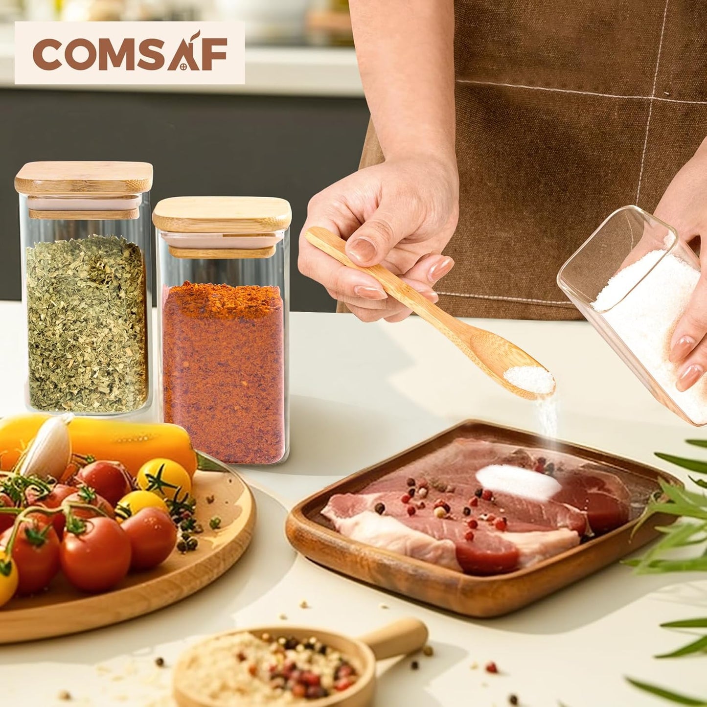 ComSaf 6Pcs 8oz Spice Jars with Label Trial Set, Glass Spice Jars with Bamboo Lids Supplementary Set, Seasoning Container Trial Pack, Perfect for Ktichen Starter