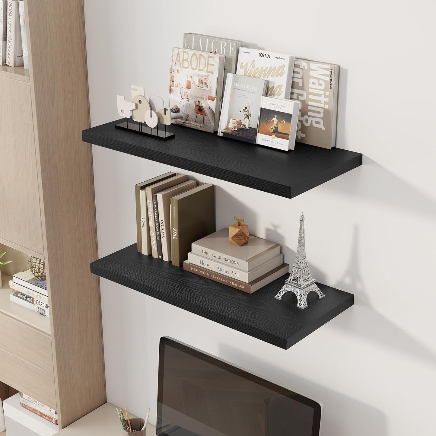 30" Floating Shelves for Wall, 12" Deep Slim Black Floating Shelves, Wall-Mounted Shelves for Bedroom, Living Room, Kitchen, Bathroom - Set of 2