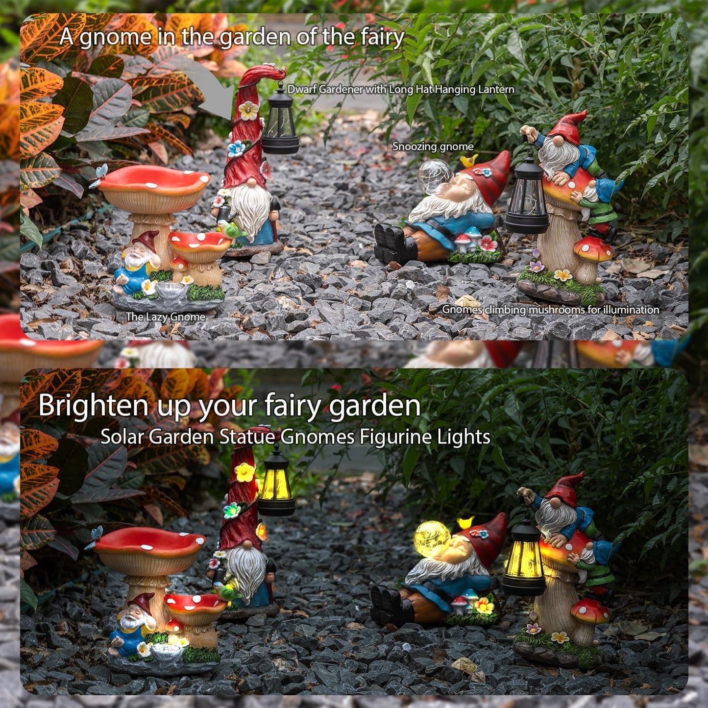 TIJNN Solar Garden Statue Gnomes Figurine Lights,Funny Gnomes Standing on Mushrooms with Lanterns, with Lanterns Outdoor Yard Decorations for Patio Porch Home, Garden Gifts for Women Mom