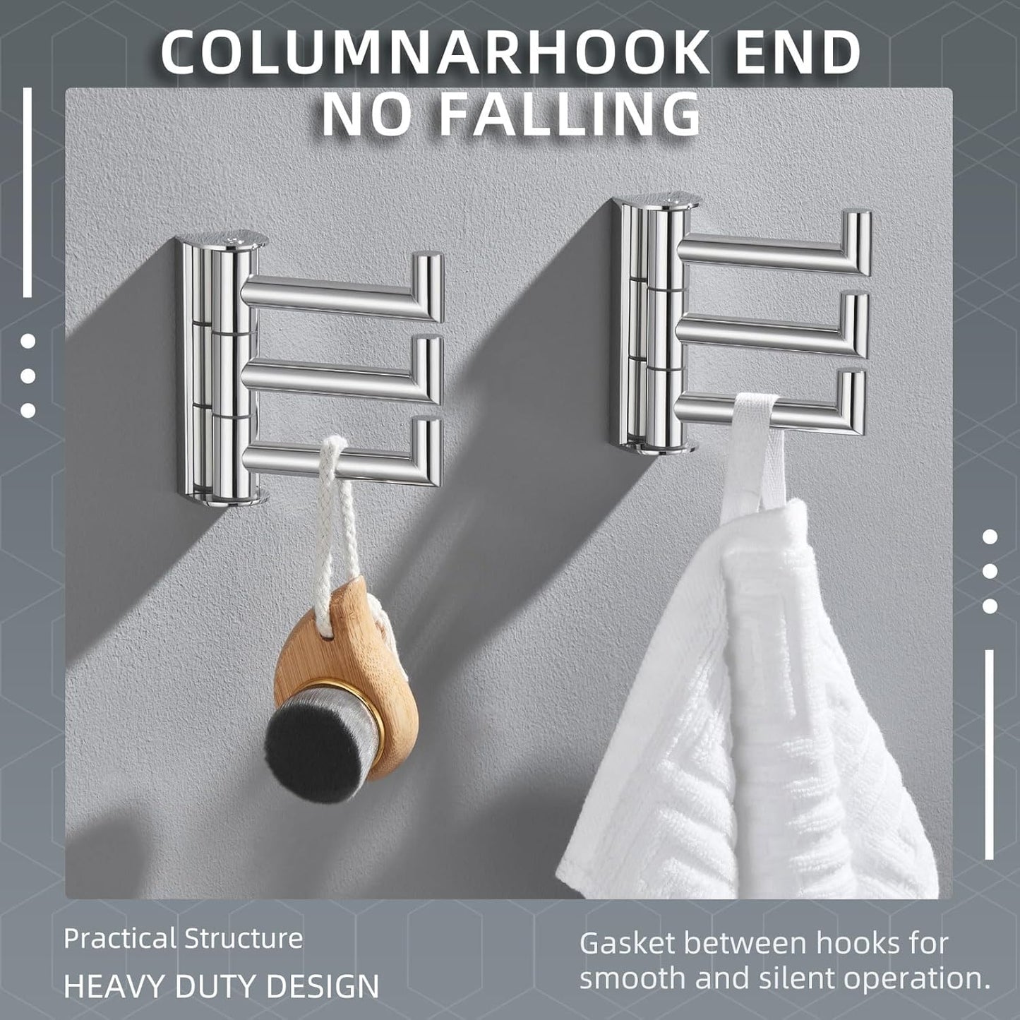 Angle Simple Swivel Towel Hooks for Bathroom, SUS 304 Stainless Steel Foldable 3 Arms Hand Towel Holder, Coat Wall Hooks, Polished Chrome, 2 Pack