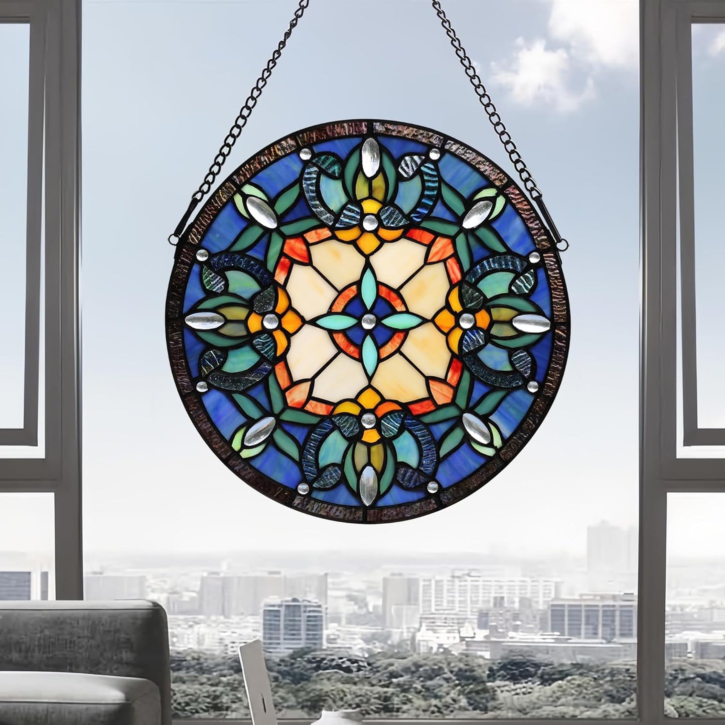 Handcrafted Stained Glass Window Panel - 12-Inch Round Floral Design with Vibrant Colors, Elegant Decorative Hanging Art for Home Décor, Includes 20-Inch Chain & Hook (Blue iris)