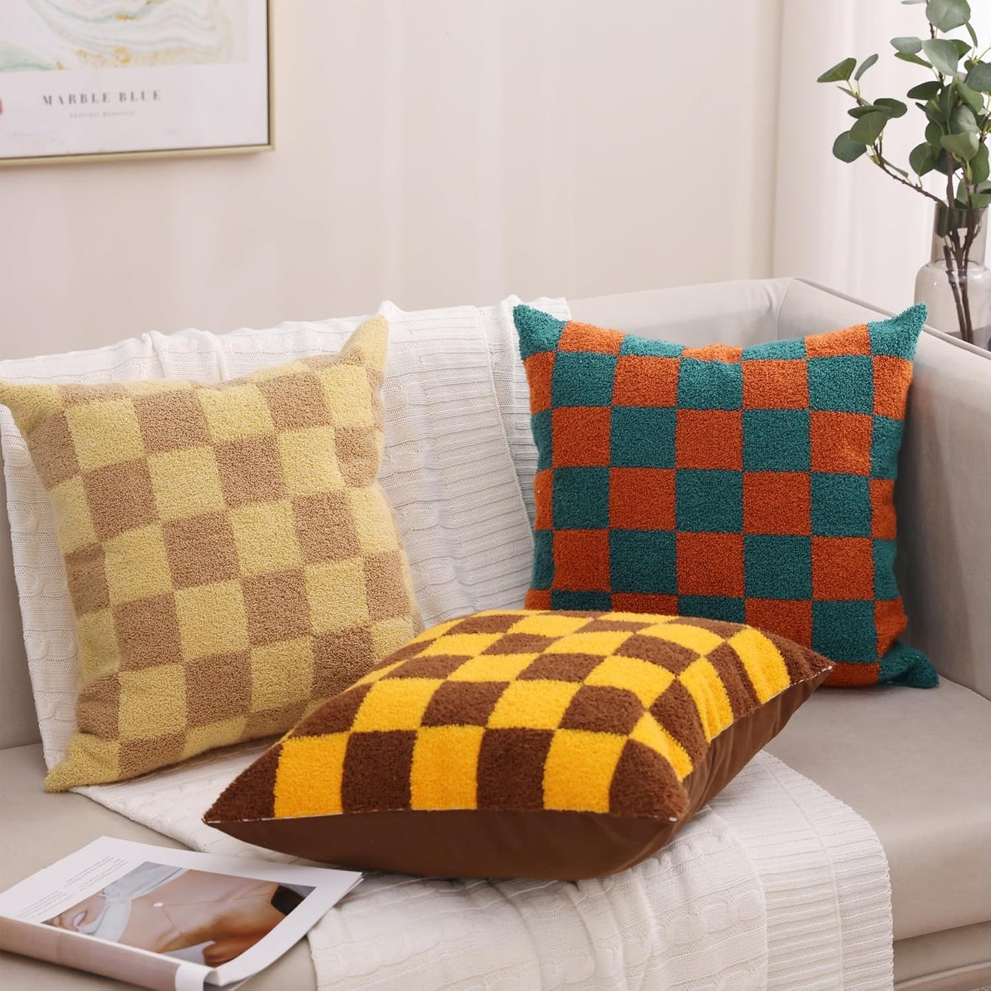 Alysheer Checkered Embroidered Decorative Throw Pillow Covers 18"x 18" Set of 2, Farmhouse Cottage Teal Brown Plaid Tufted Patterned Cotton Canvas Cushion Case for Sofa Couch Bed Living Room