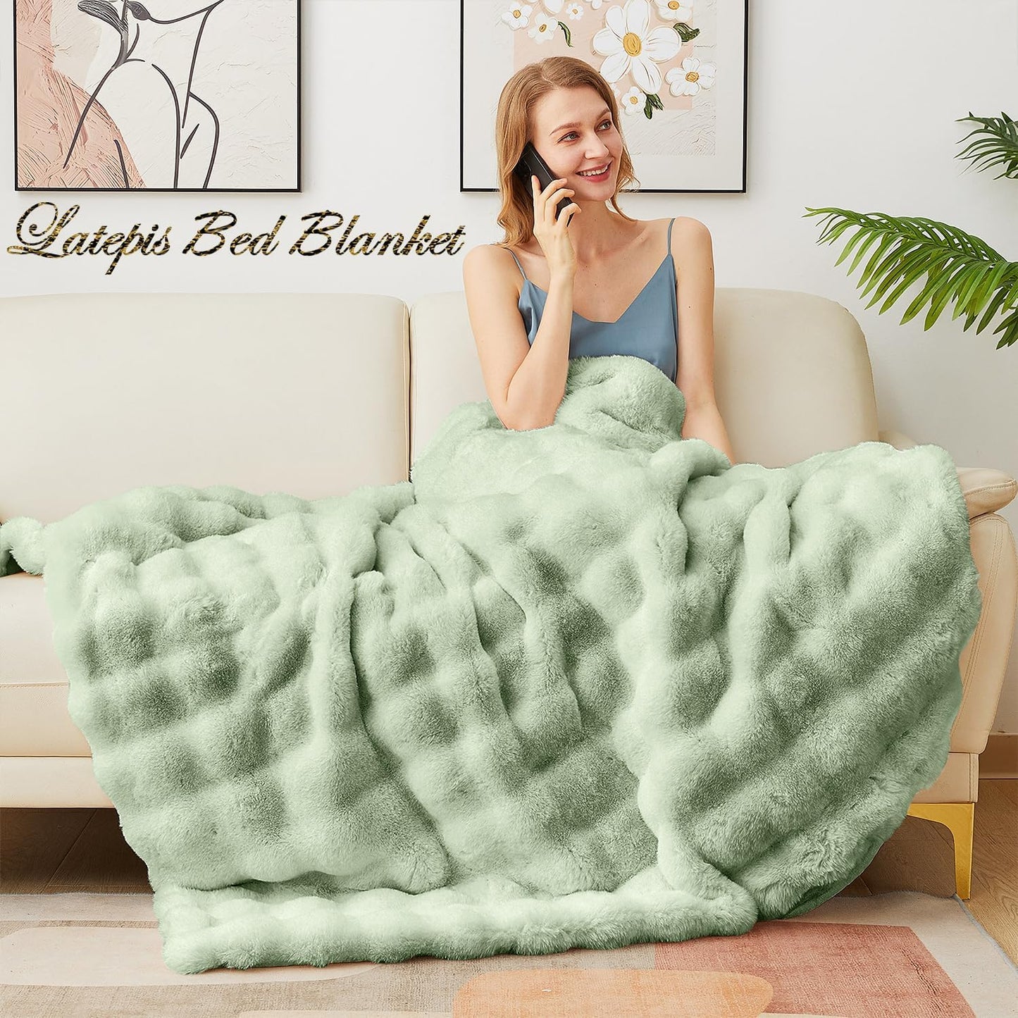Latepis Faux Fur Throw Blankets Sage Green Bubble Cozy Soft Heavy Blanket for Couch Fuzzy Thick Blanket for Sofa Bedroom Plush Fluffy Warm Blankets for Winter Luxury Throw Blanket 50''x60'', 860gsm