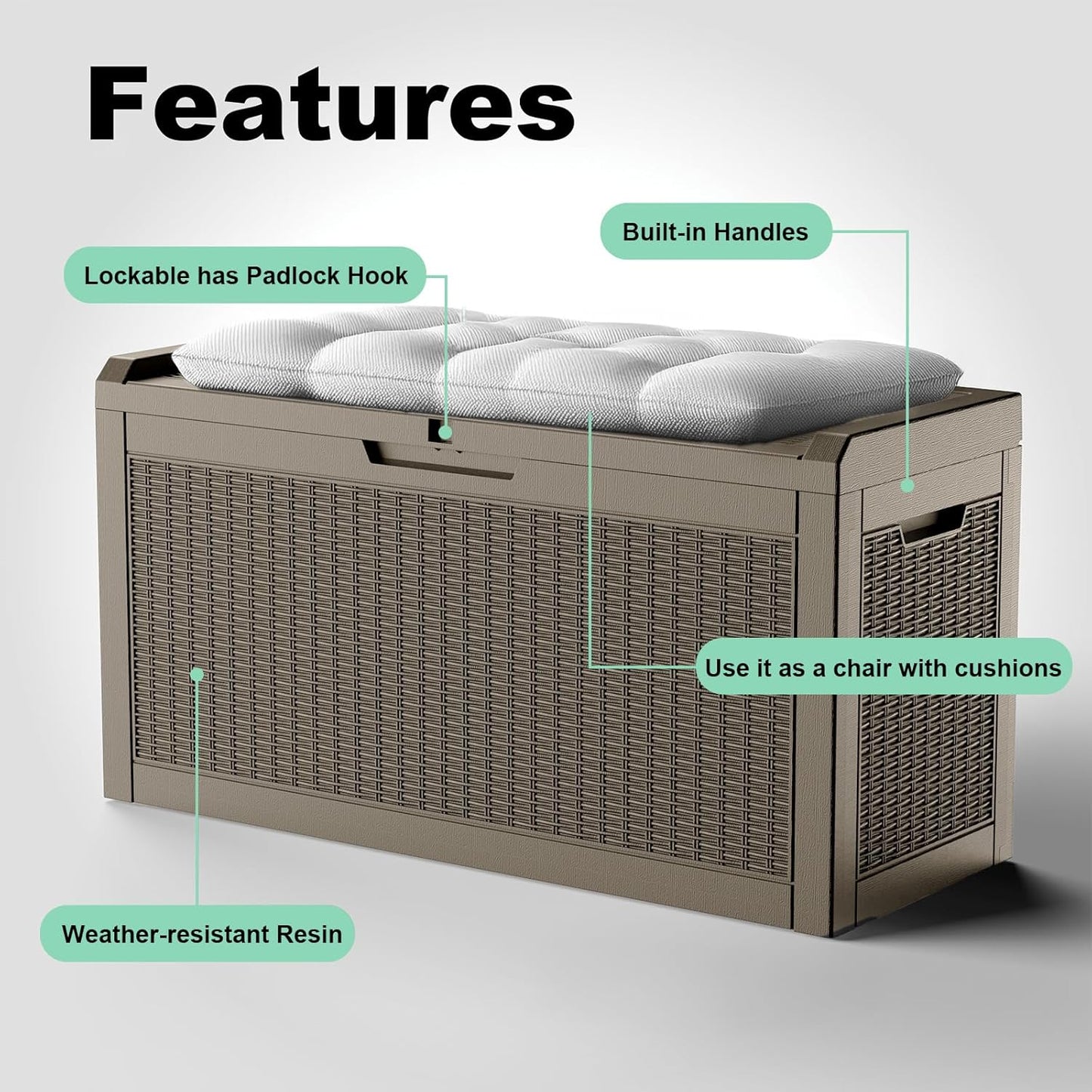 Vixzen 60 Gallon Outdoor Deck Box,Lockable Resin Waterproof Storage Box,UV Resistant,Weather Resistance,Outside Storage Bin for Gardening Tools,Pool Supplies,Gray