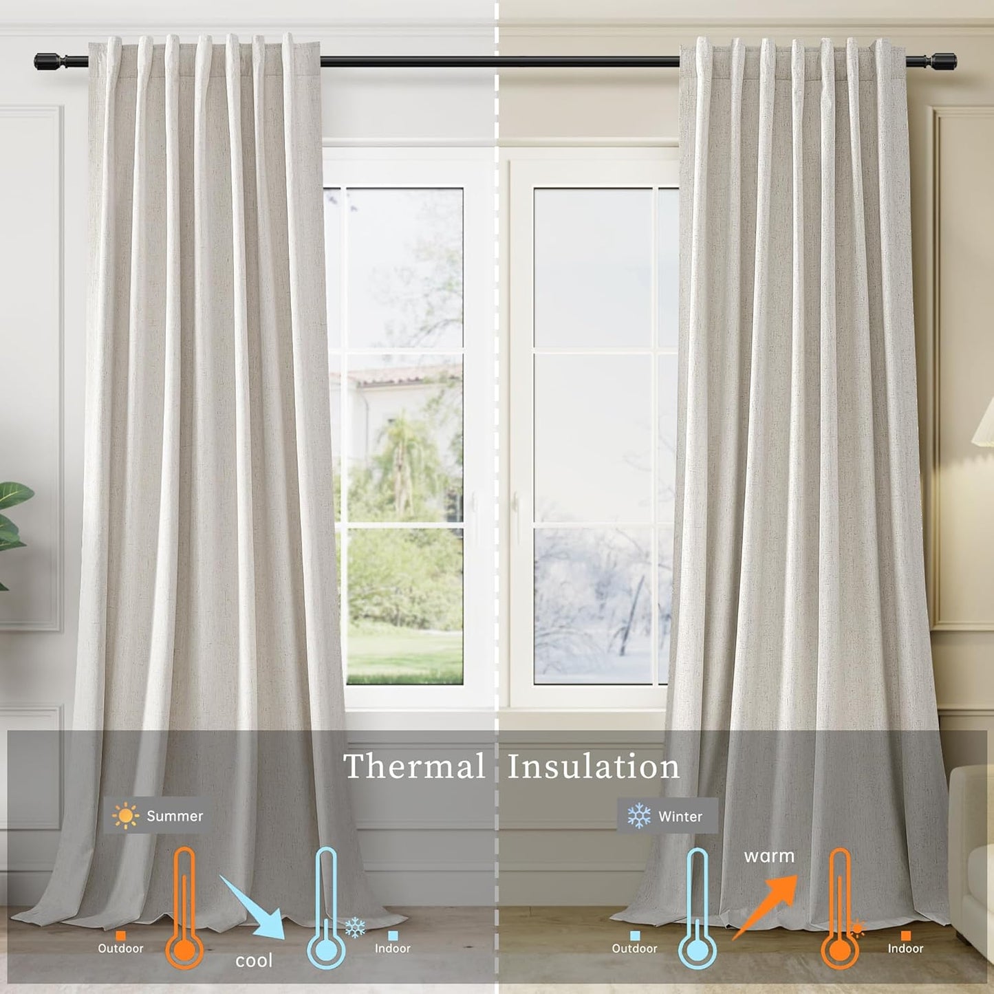 Natural Linen 100% Blackout Curtains for Bedroom 102 Inch Long 2 Panels Window Curtain Floor To Ceiling Length for Living Room Sliding Glass Door Back Tab Cream Linen Room Darkening Drapes 52x102