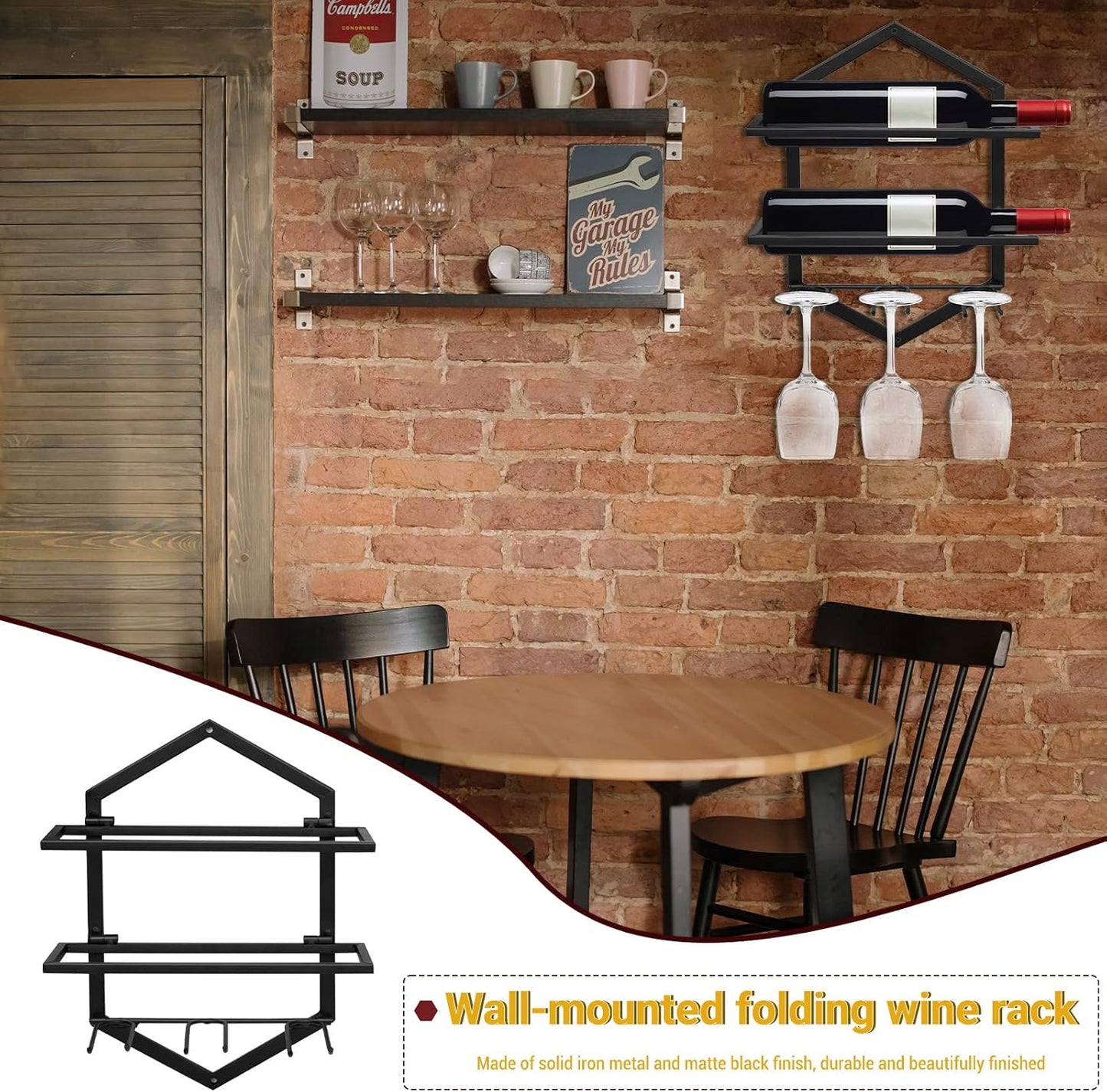 Wall Mounted Wine Stemware Rack, Metal Hanging Wine Glass Display Holde Holds 3 Cups 2 Bottles, Elegant Storage for Kitchen Dining Room Bar Wine Cellar (Black 1)