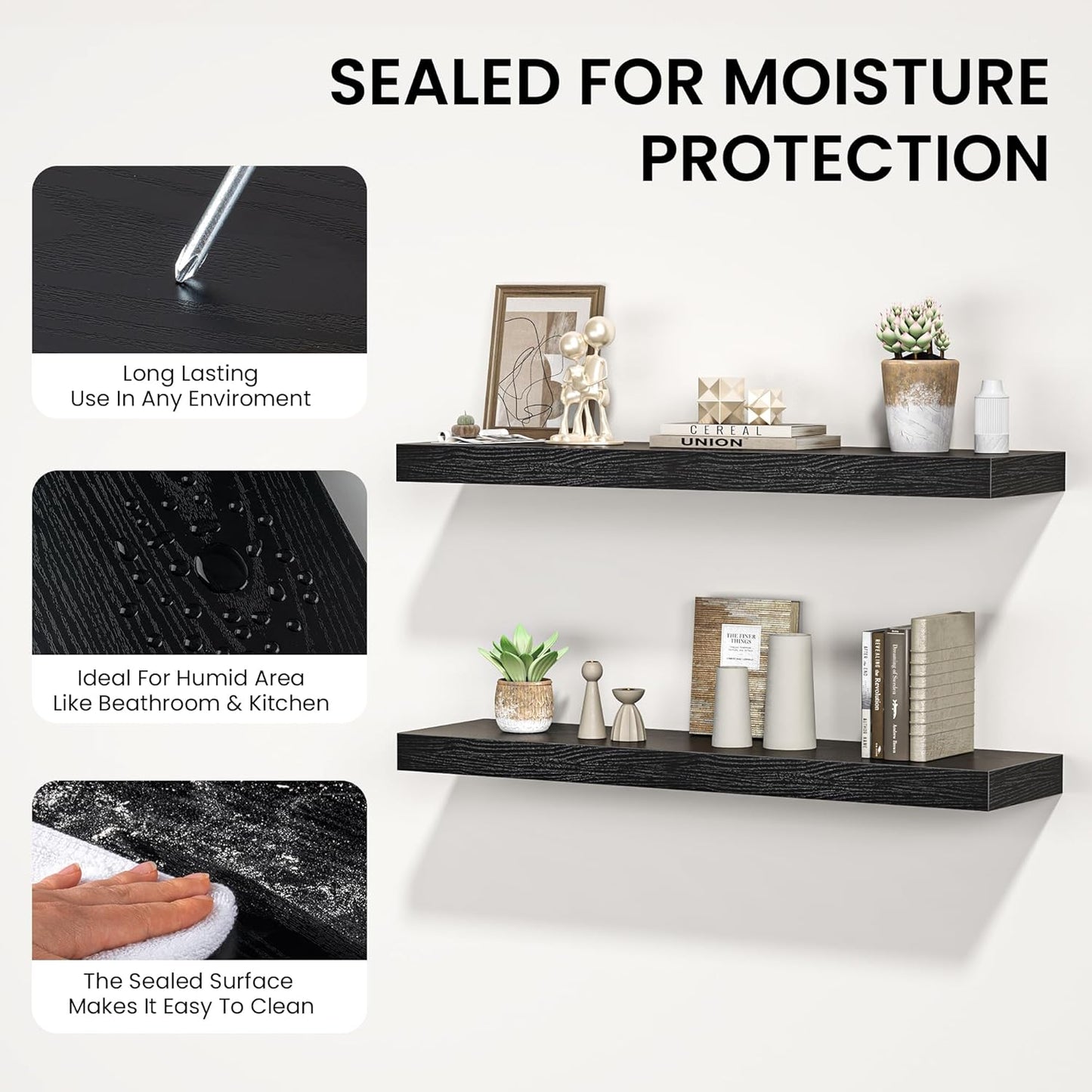 Floating Shelves for Wall, 40" W x 8" D x 1.5" H, Wooden Wall Mounted Display Shelves with Invisible Brackets for Living Room, Bedroom, Bathroom, Kitchen Decor and Storage, Set of 2, Black