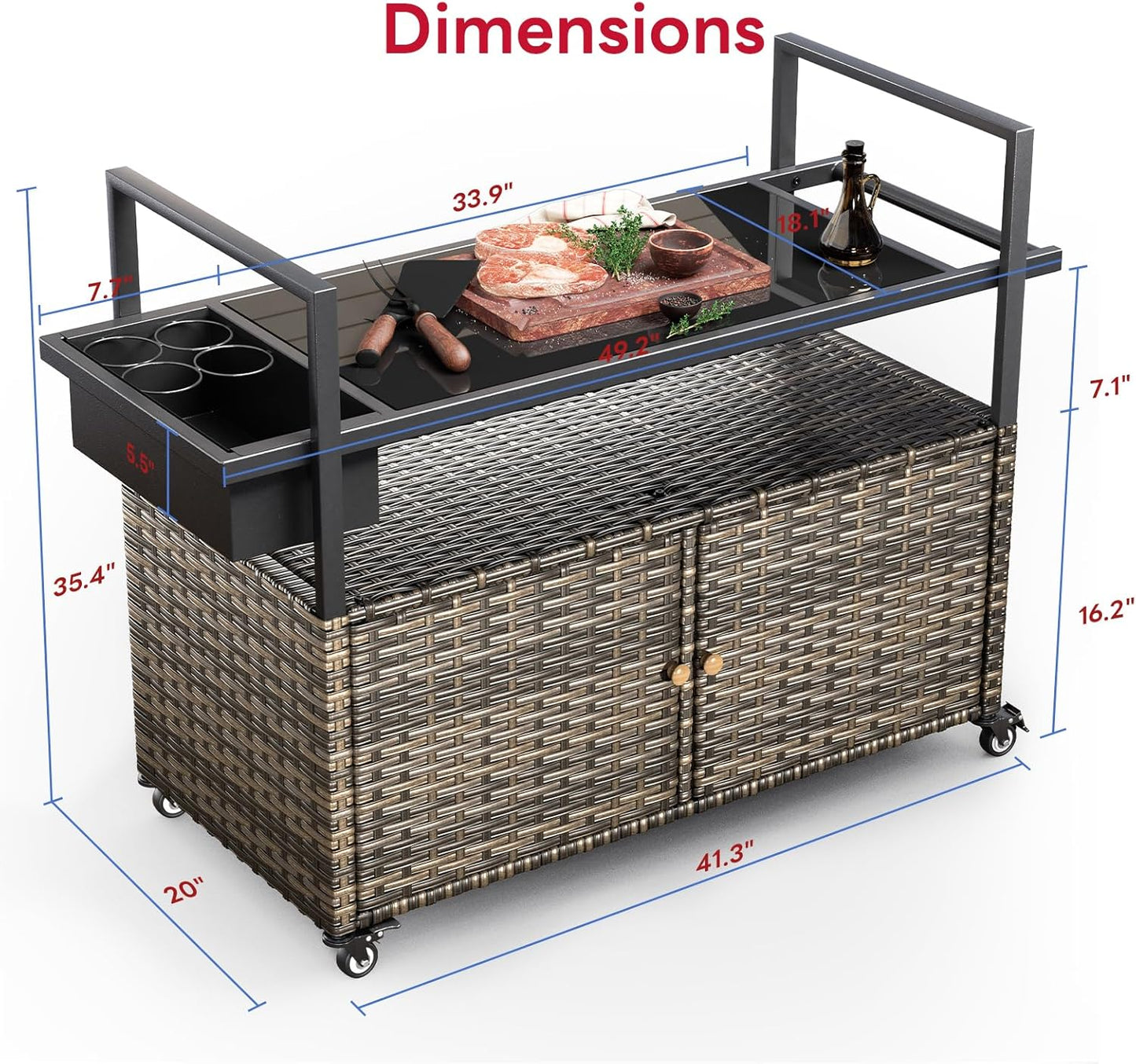 Outdoor Bar Cart with Storage Cabinet, Patio Bar Table with Tempered Glass Tabletop, Outdoor Serving Grill Cart with Rolling Wheels, Rattan Bar Cart for Patio, Backyard, Grey Wicker