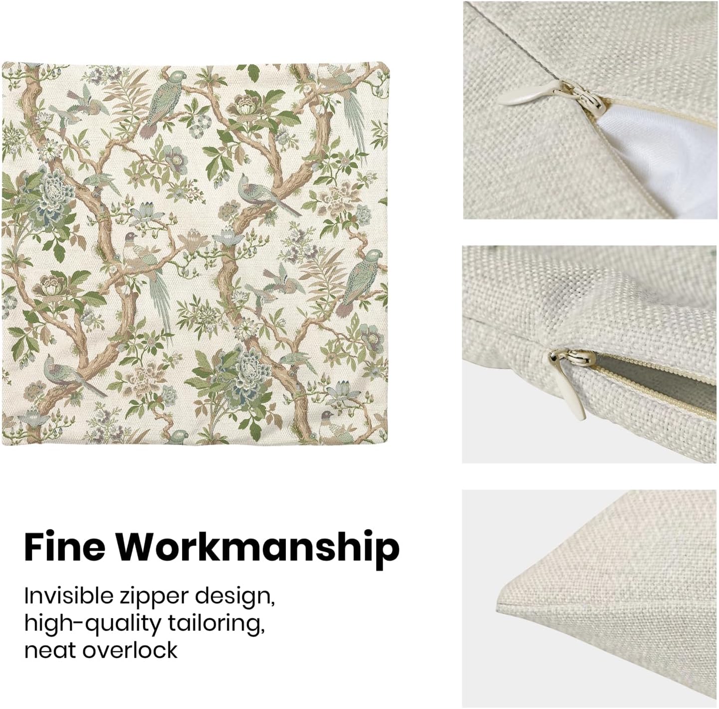 CXMEIFLY Chinoiserie Spring Pillow Covers 20 x 20 Inch Set of 2 for Sage Green Blue Vintage Flowers Bird Decor Throw Pillows Plant Farmhouse Outdoor Decorative Cushion Cases for Couch Bed Decorations