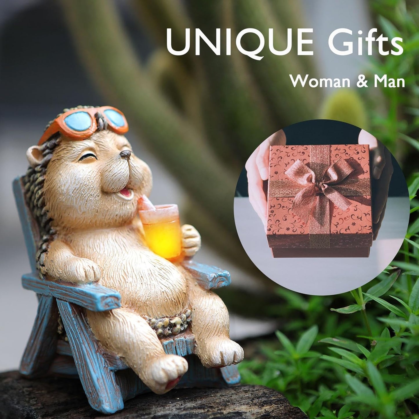 Miniature Hedgehog Figurine Solar Resin Statue for Outside Garden Lawn Yard Patio Home Office Decorations, Ideal Ornaments Birthday Gifts for Mom Women Grandma