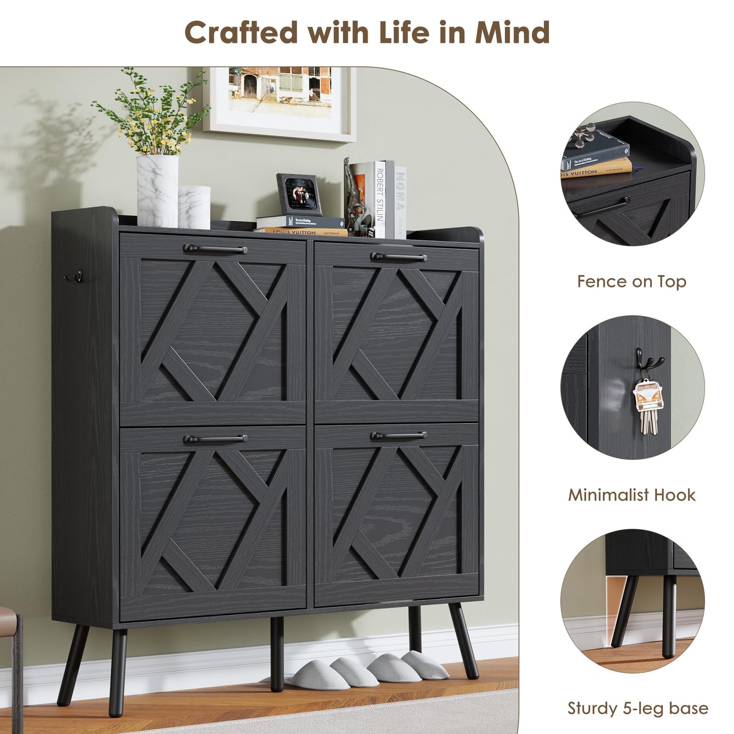 Nicetree Shoe Cabinet with 4 Flip Drawers, Hidden Shoe Rack Cabinet with Metal Legs, Farmhouse