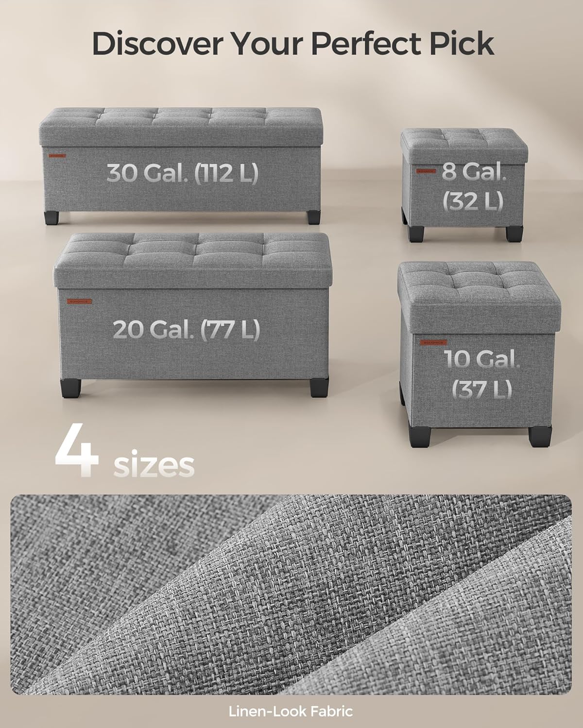 SONGMICS Storage Ottoman, Small Ottoman Foot Rest with Legs, 15 x 15 x 15.7 Inches Foot Stool, Load up to 660 lb, for Living Room, Bedroom, Dorm, Dove Gray ULSF014G02