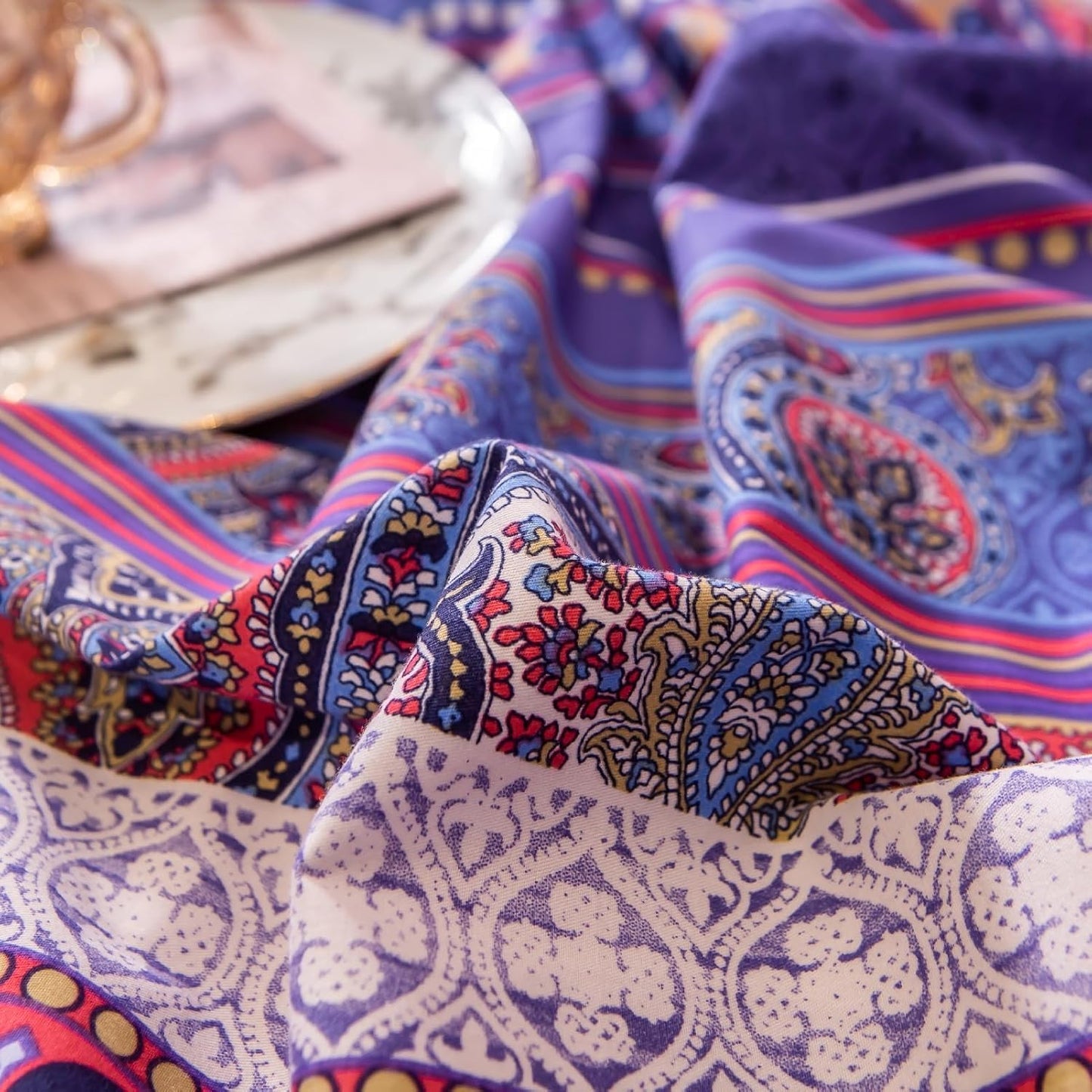 ABREEZE Bohemian Vintage Queen Size Floral Cotton Bedding Set 3Pcs Duvet Cover Set Boho Purple Paisley 100% Egyptian Brushed Cotton Reversible Home Bedding Collection