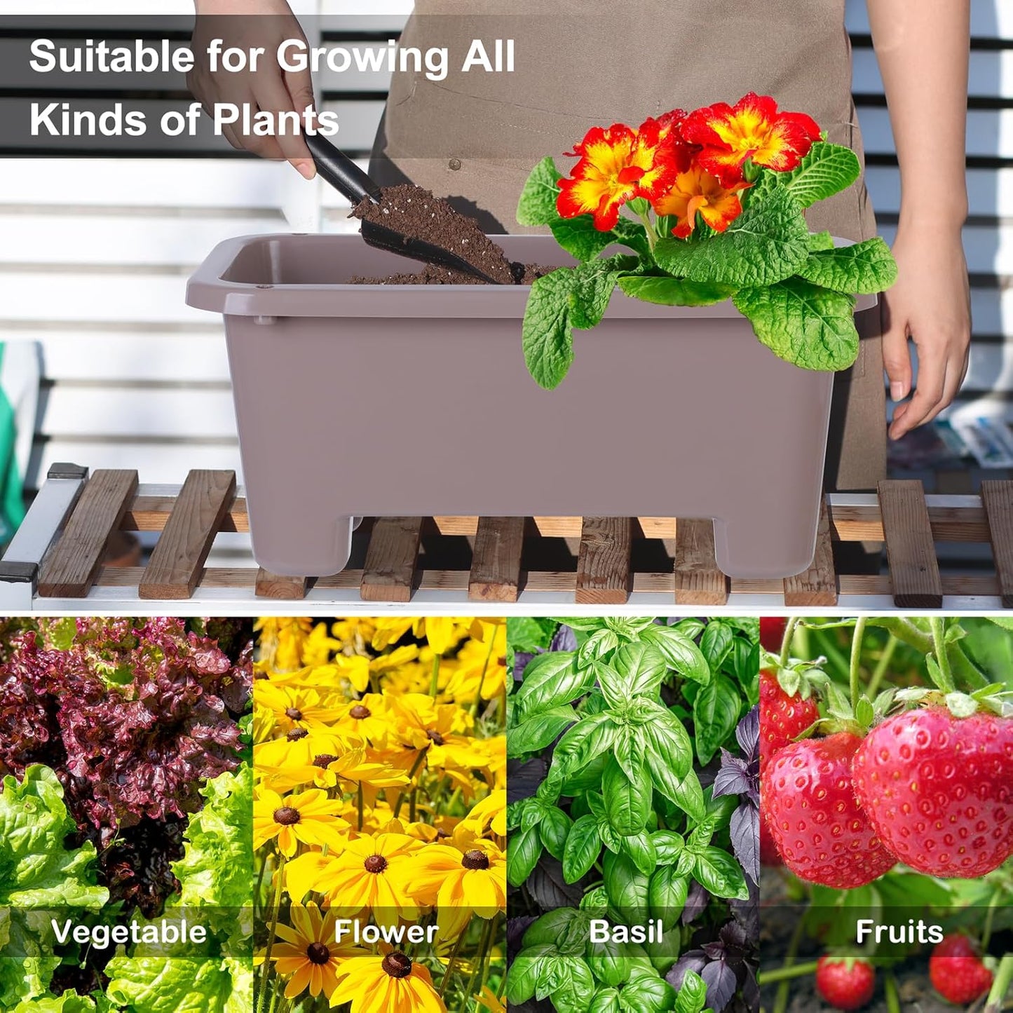 Self-Watering Rectangle Planter Boxes 8-Pack, 15.7-Inch Window Box Planter with Drainage Holes & Trays, Pots for Vegetables, Herbs, Flowers, Garden Windowsill Balcony (Coffee, 15.7*8.3*7.1 inch)