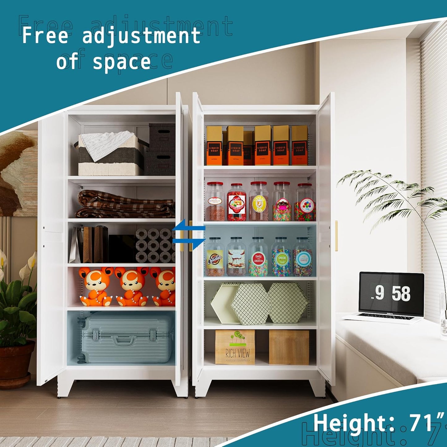 71'' Farmhouse Metal Storage Cabinet with Barn Doors,Steel File Cabinet for Home Office,Kitchen Pantry 4 Adjustable Shelves,Freestanding Cupboard for Kitchen,for Home Office,School (White)