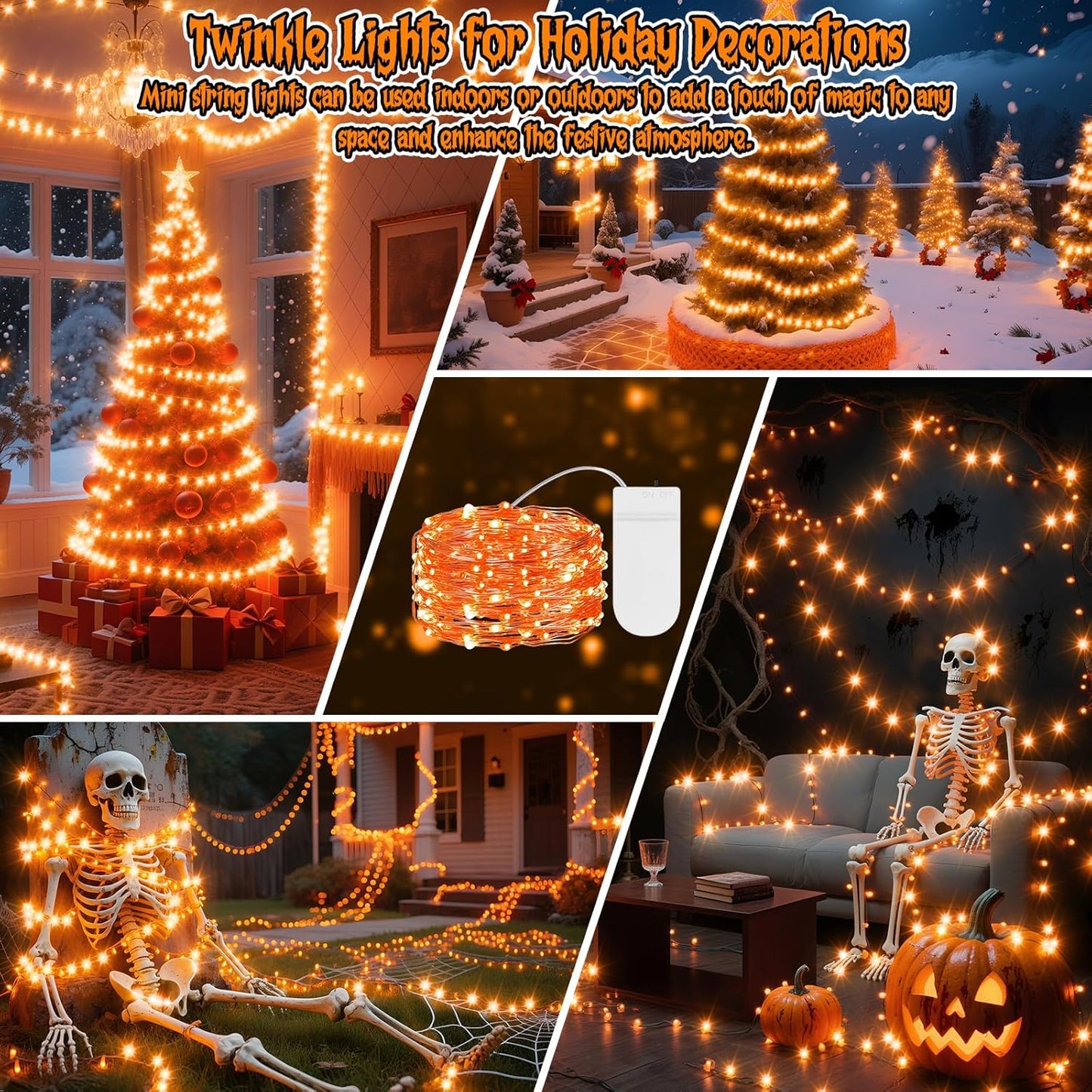 TingMiao Halloween Orange Fairy Lights Battery Operate,7.2ft 20 LEDs String Lights Silver Copper Wire for Hallowen Christmas DIY Decoration Wedding Party (6 Pack)