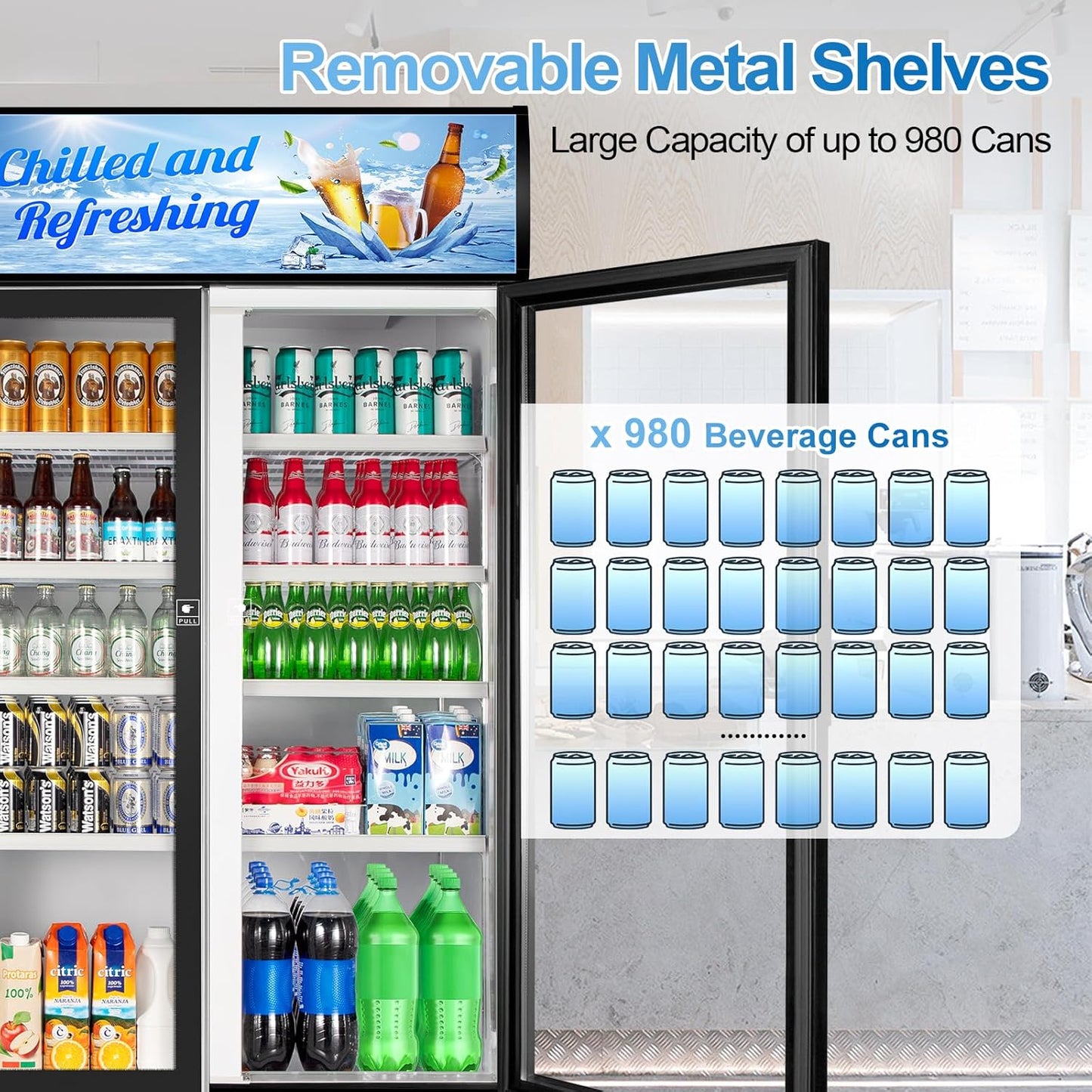 Tylza Commercial Refrigerator, Double Glass Door Display Beverage Fridge, 28.1 Cu Ft Upright Beverage Cooler Merchandiser with Replaceable Advertising Light Board, Rebound Door, Fast Cooling, Black