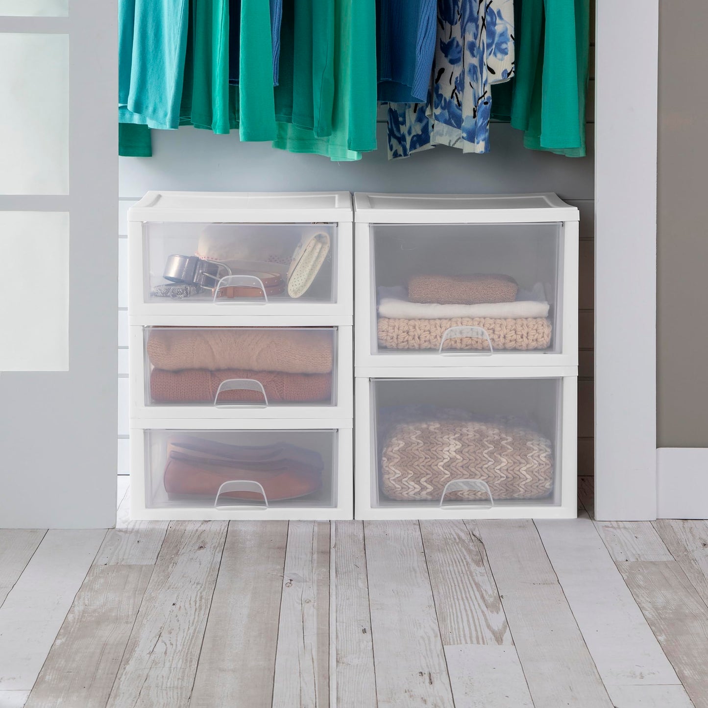 Sterilite 6-Pack 16 Quart Stacking Drawer, Clear Storage Closet Organizer, White Frame - Stackable