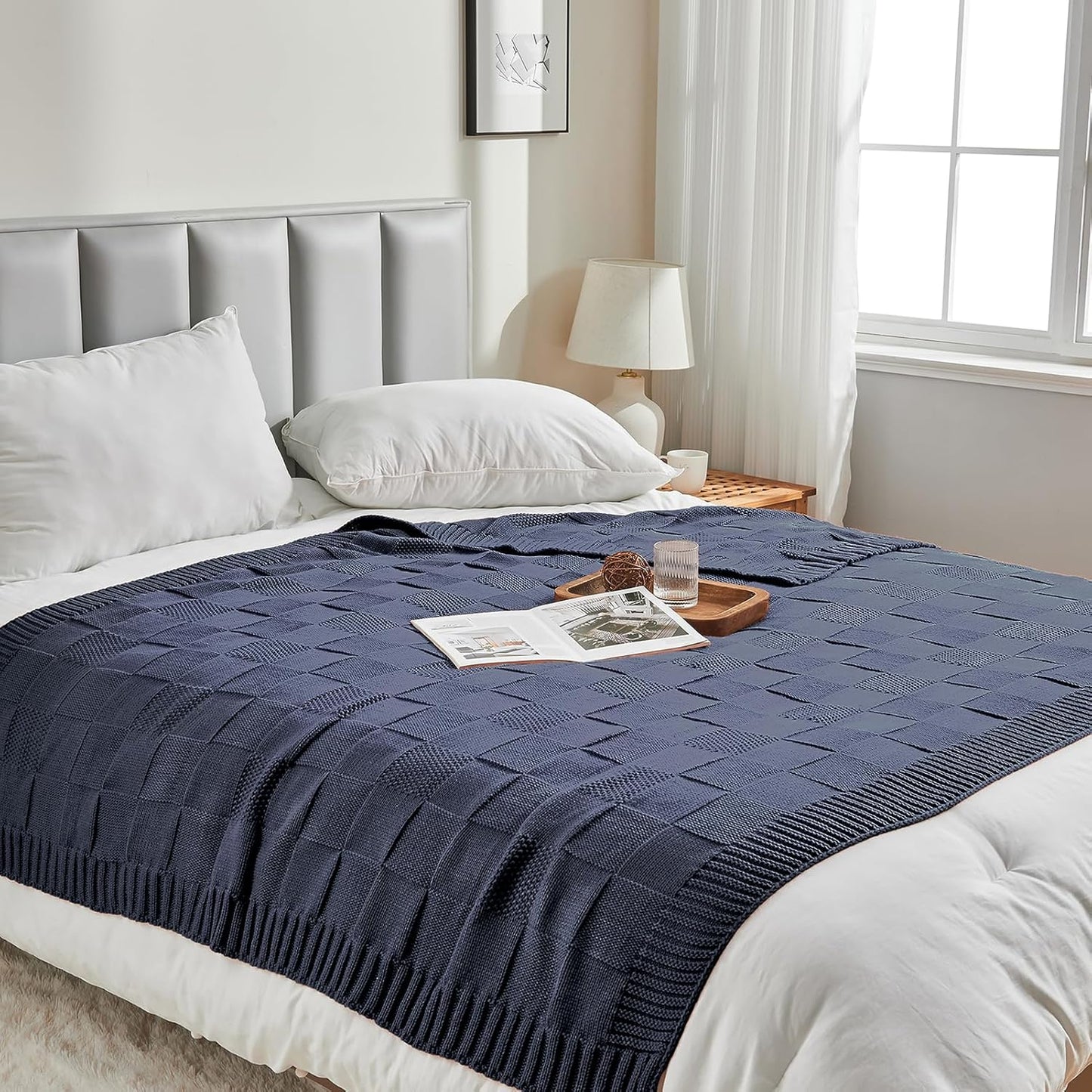 CozeCube Check Knit Throw Blanket, Steel Blue Checkered Throw for Couch, Decorative Christmas Soft Cozy Warm Knitted Blanket for Bed Sofa Living Room, 60"X80"