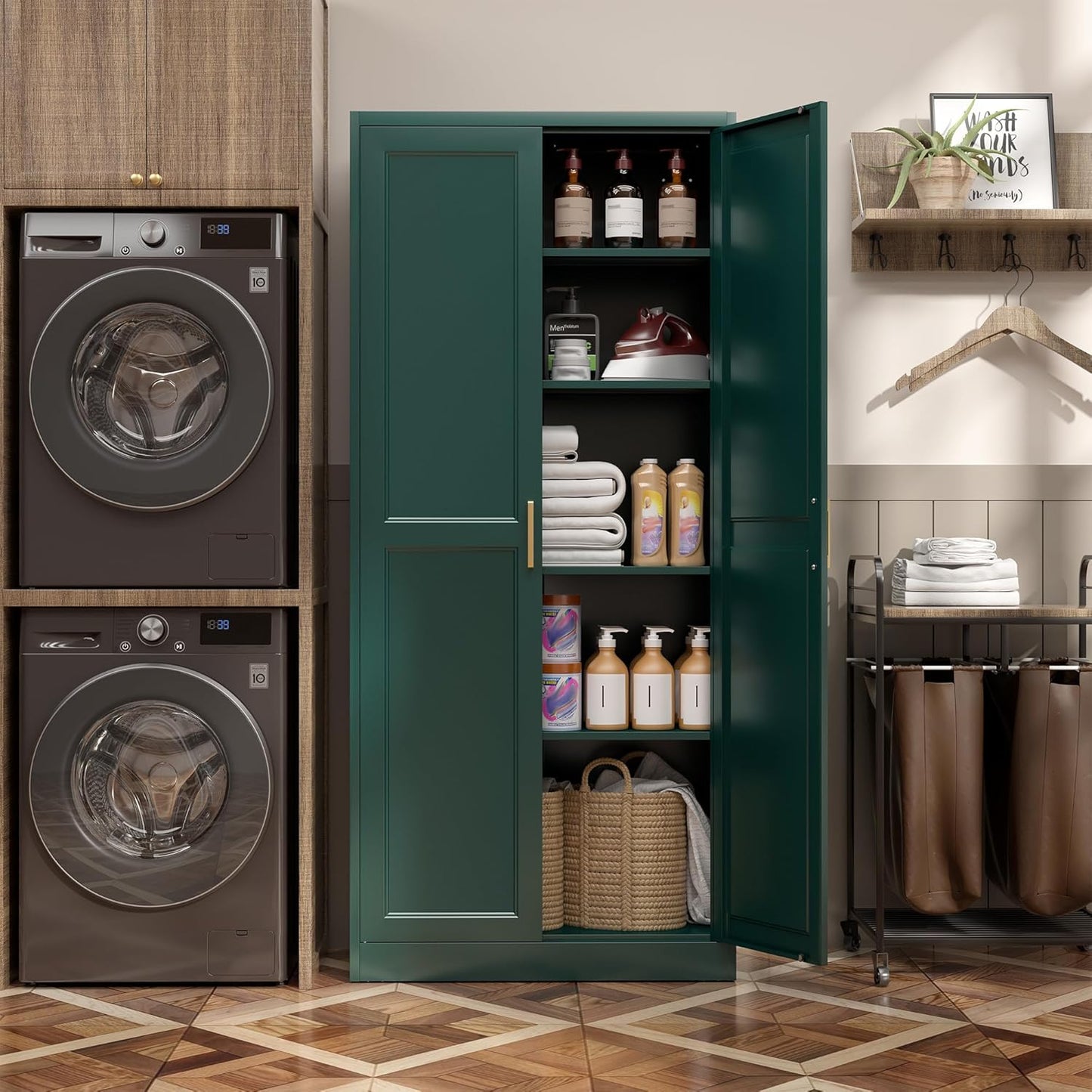 Kitchen Pantry Cabinet,71”Green Metal Pantry Storage Cabinets with Doors and 4 Adjustable Shelves,Kitchen Cabinet with 2 Gold Handles,Tall Cabinet for Livingroom, Bathroom