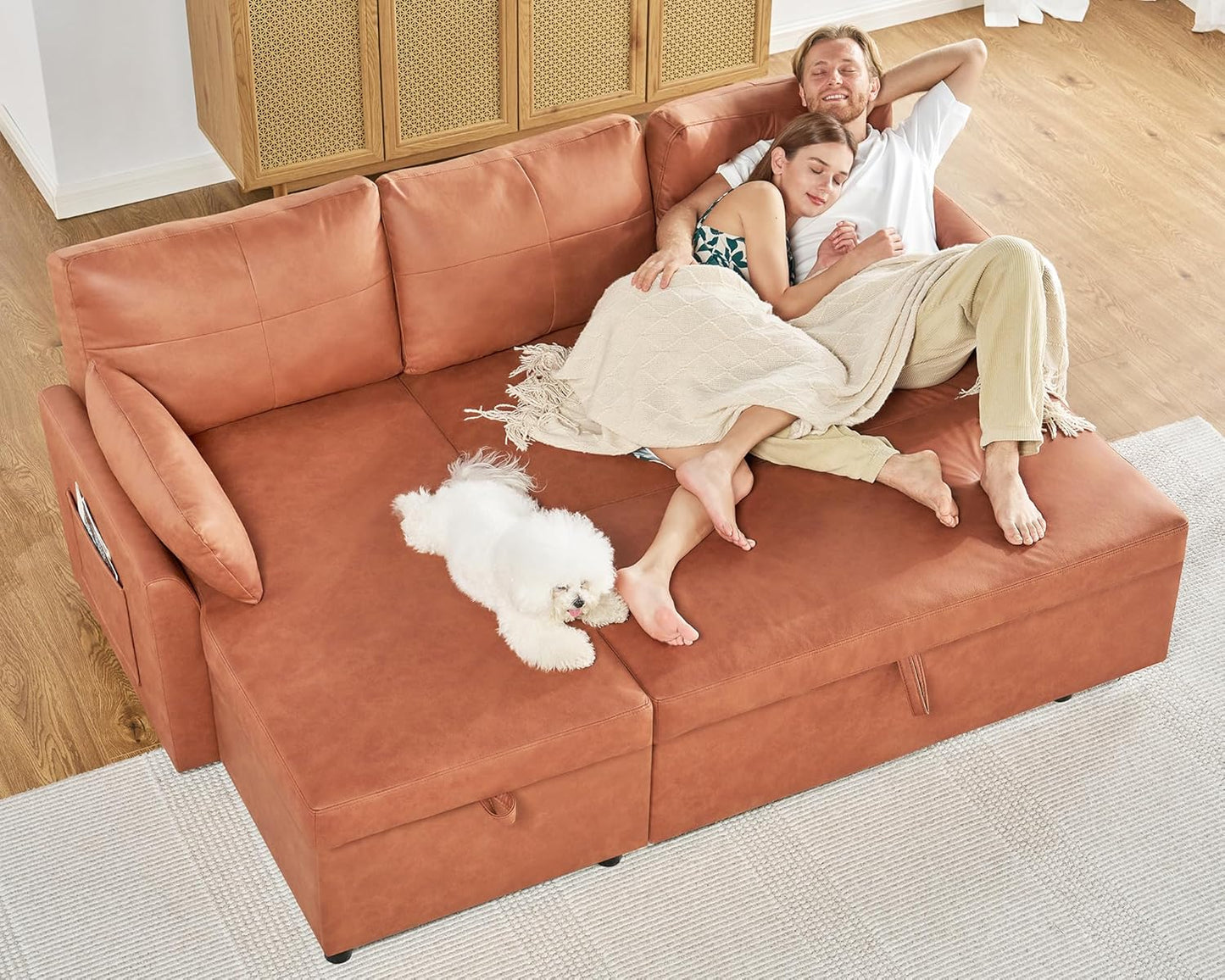 VanAcc Sleeper Sofa, Sofa Bed- 2 in 1 Pull Out Couch Bed with Storage Chaise, Sofa Sleeper Couch for Living Room, Brown Leathaire