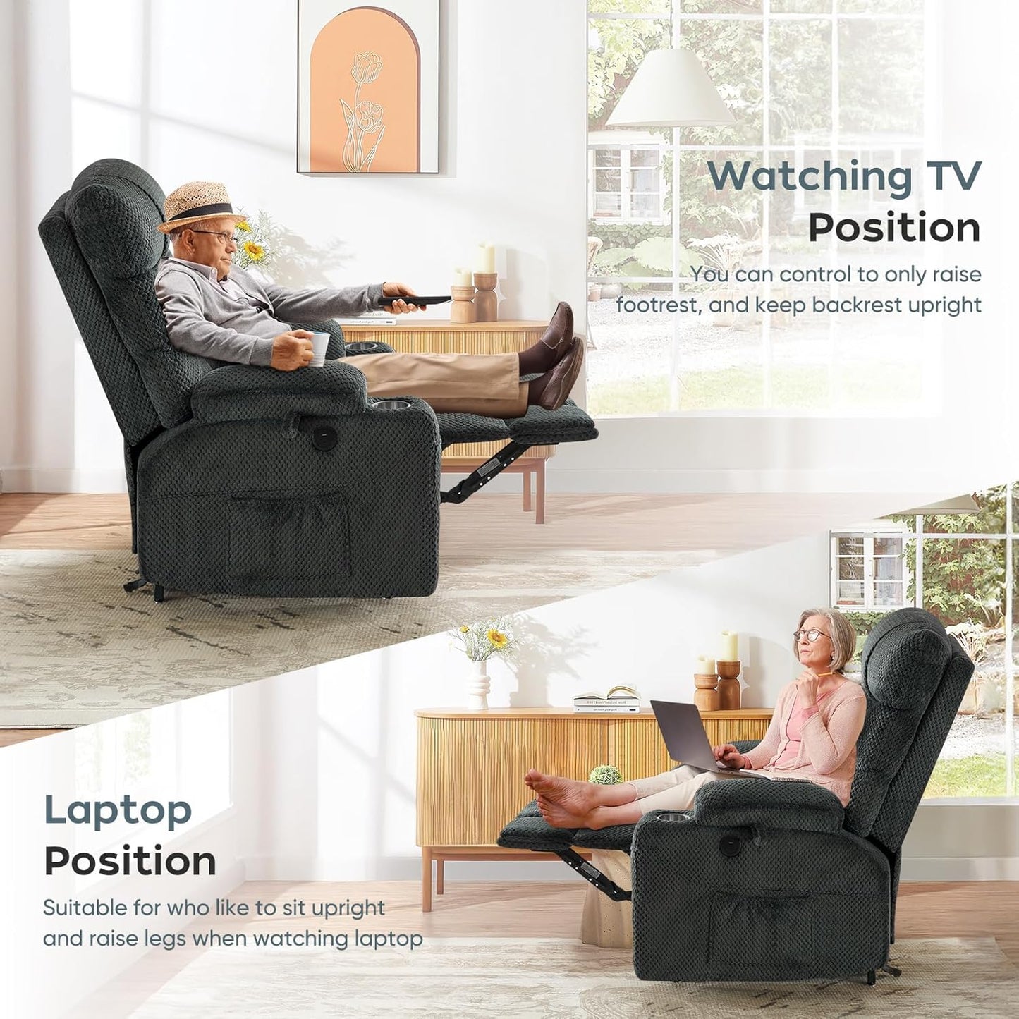 Oversized Dual Motor Lay Flat Power Lift Recliner Chair with Massage, Heating, Lumbar Pillow, USB & Type-C Ports, Textile Lift Chair Recliner, Large Recliner for Big & Elderly People - Grey