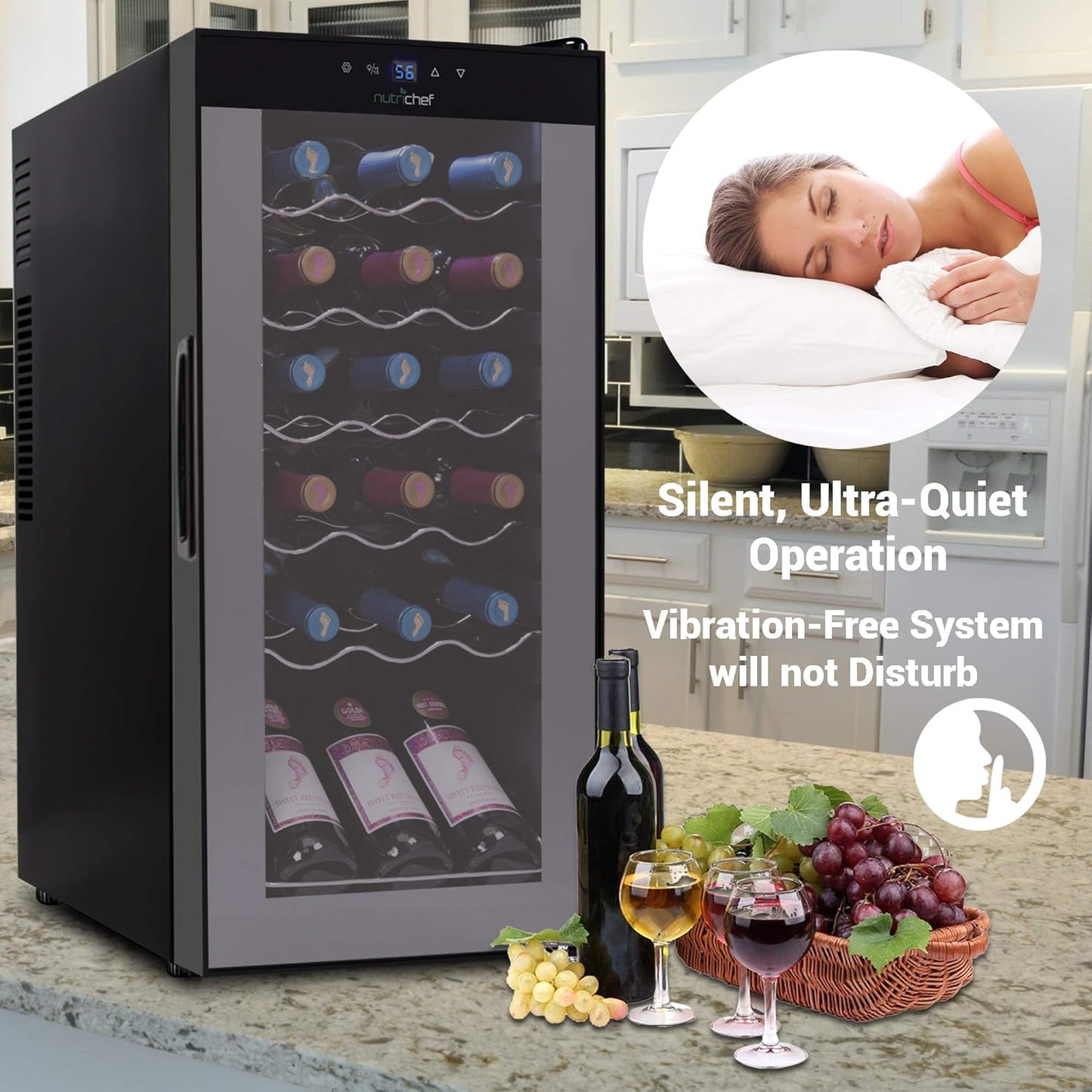 Nutrichef 18 Bottle Slim Wine Fridge | Red & White Wine Chiller | Adjustable Temperature Control 41°F to 64°F | Ultra Quiet Operation | Mini Wine Cooler for Home & Office, 30x13x17 IN