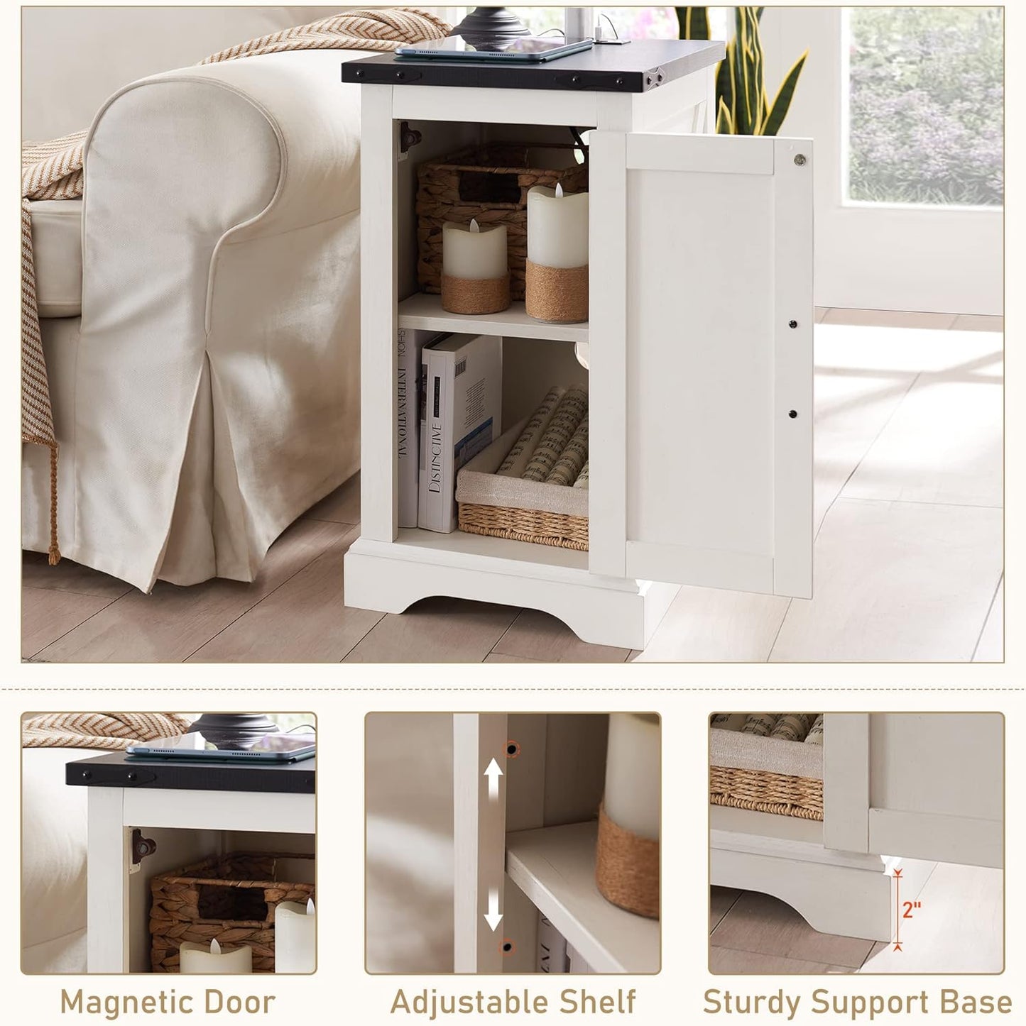 JXQTLINGMU Nightstand with Charging Station, Rectangular Farmhouse End Table with Barn Door and Adjustable Storage Shelf, 17" Deep Wood Rustic Sofa Side Table for Living Room, Bedroom, White