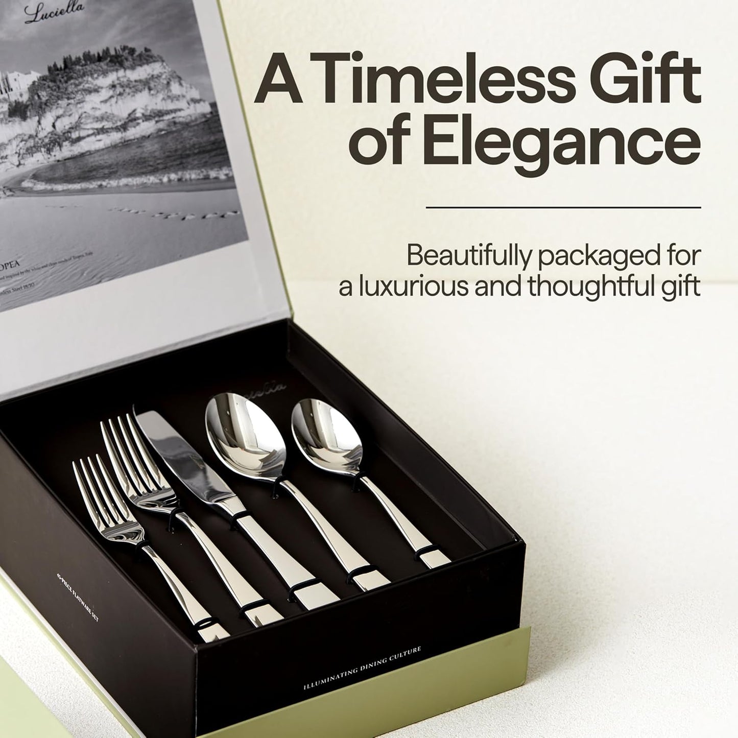 Luciella Tropea Polished Flatware Set for 8, 45-Piece Premium 18/10 Stainless Steel Silverware Set with Serving Utensils, Modern Mirror Finish, Rust Resistant, Dishwasher Safe