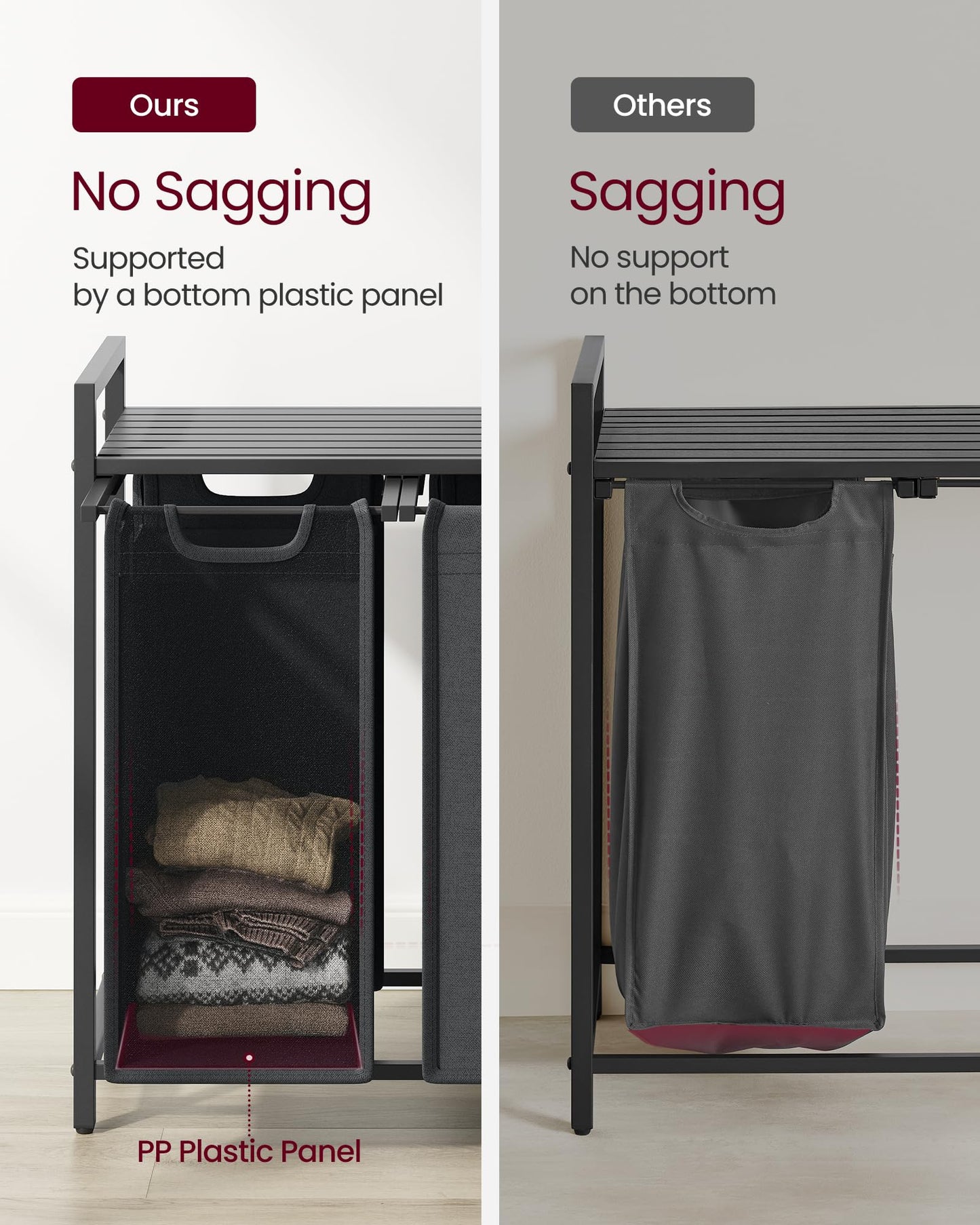 VASAGLE Laundry Hamper, Laundry Basket, Laundry Sorter with 3 Pull-Out and Removable Bags, Shelf