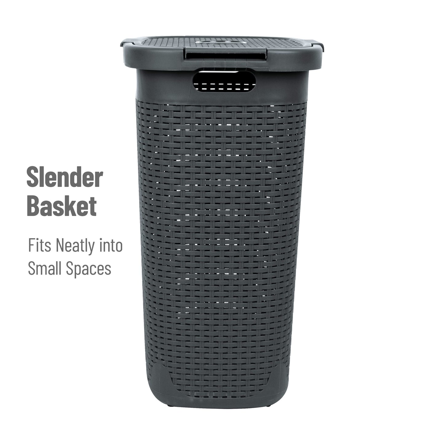 Mind Reader Slim Laundry Hamper with Lid, 60L Tall Clothes Basket, Narrow Tapered Design for