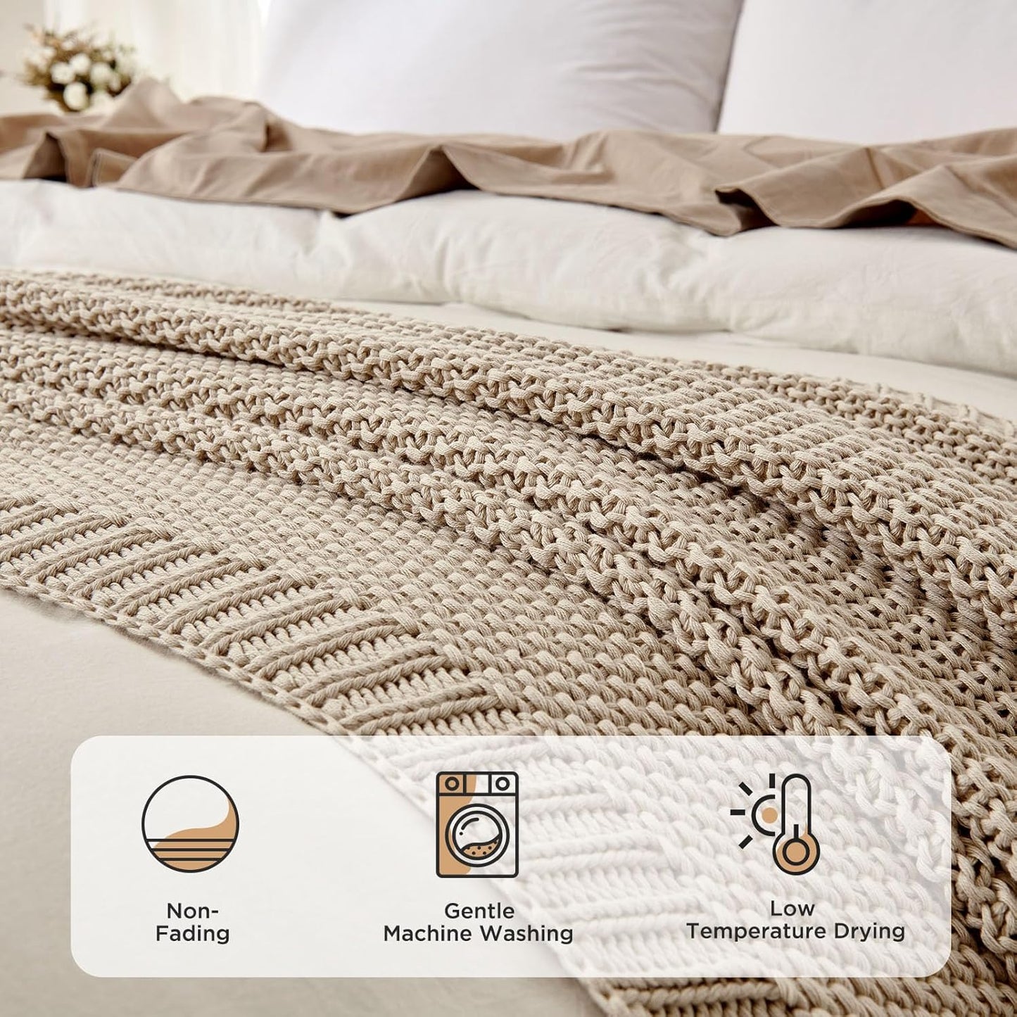 Joydeco Chunky Cable Knit Throw Blanket, Lightweight 100% Organic Cotton Soft Cozy Throw Twin Blanket for Couch Bed and Sofa, Rustic Breathable Farmhouse Blanket Gift for Women Men(Beige, 51"x63")