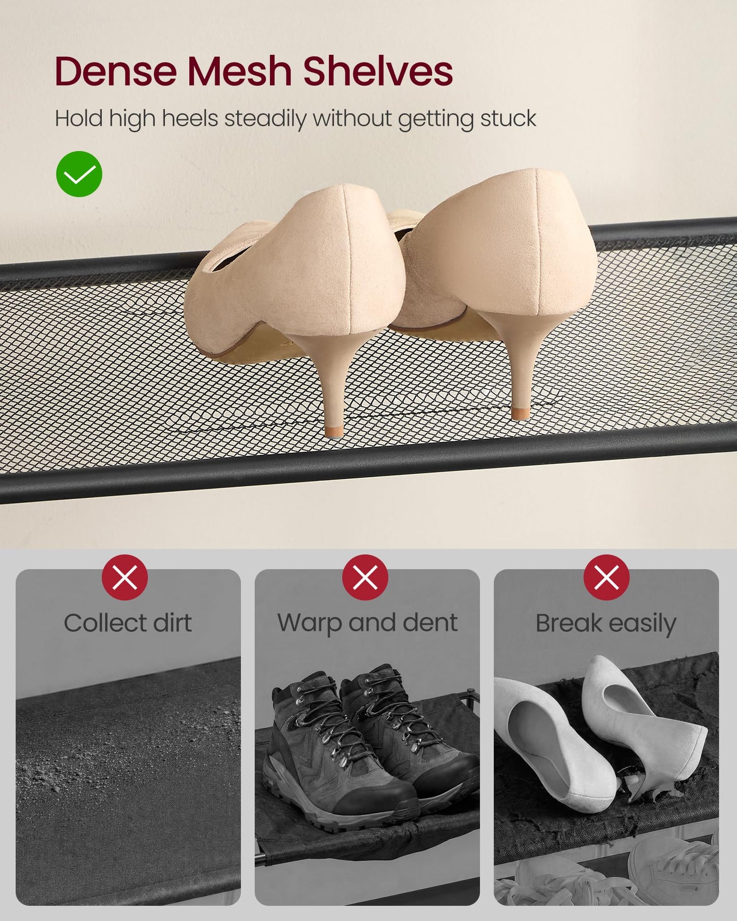 VASAGLE Shoe Rack with 7 Mesh Shelves and 1 Large Top for Bags, Steel Frame